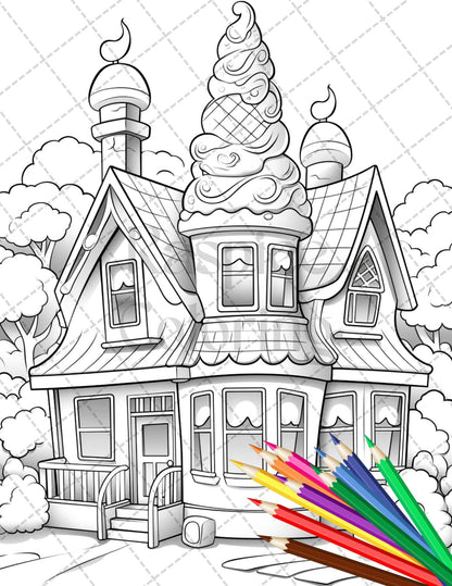 33 Ice Cream Houses Grayscale Coloring Pages Printable for Adults and Kids, PDF File Instant Download