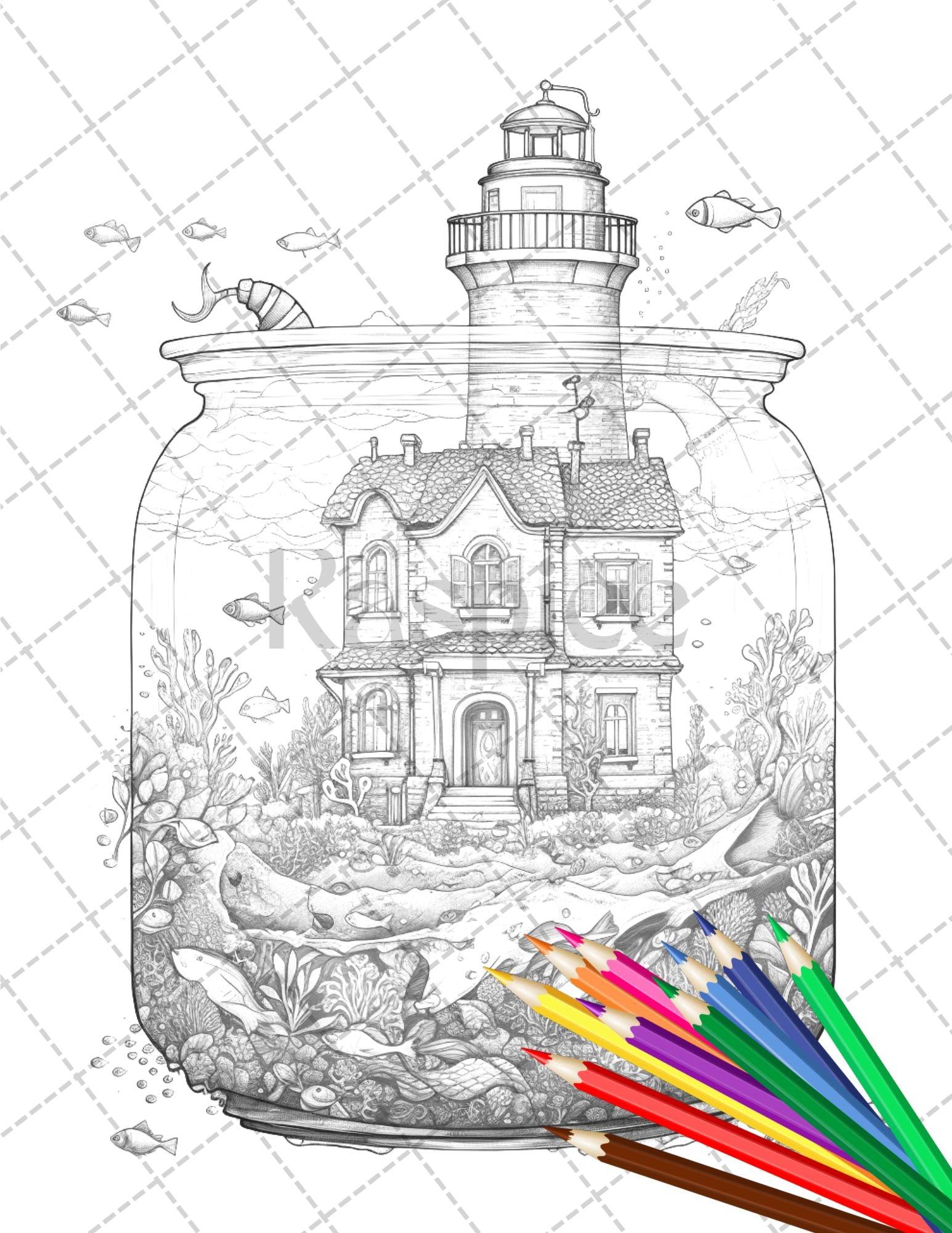 34 Fishtank Houses Coloring Book for Adults, Grayscale Coloring Page, Printable PDF Instant Download