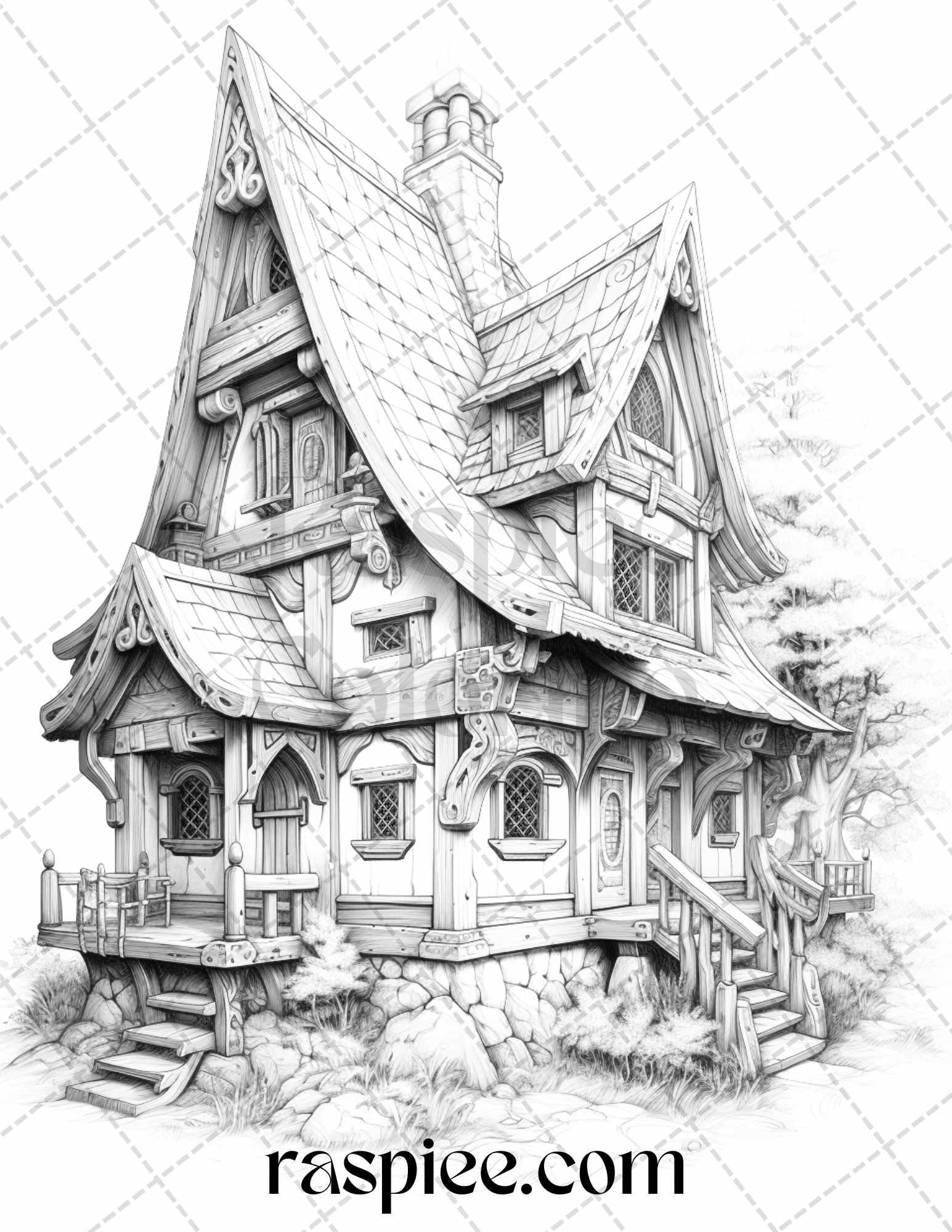 40 Viking Houses Grayscale Coloring Pages Printable for Adults, PDF File Instant Download