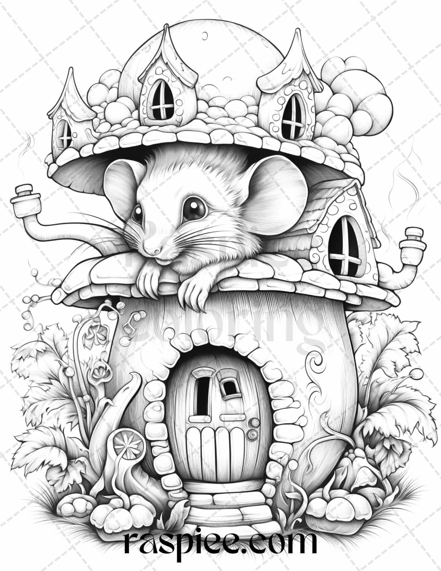 40 Magical Mouse Houses Grayscale Coloring Pages Printable for Adults, PDF File Instant Download