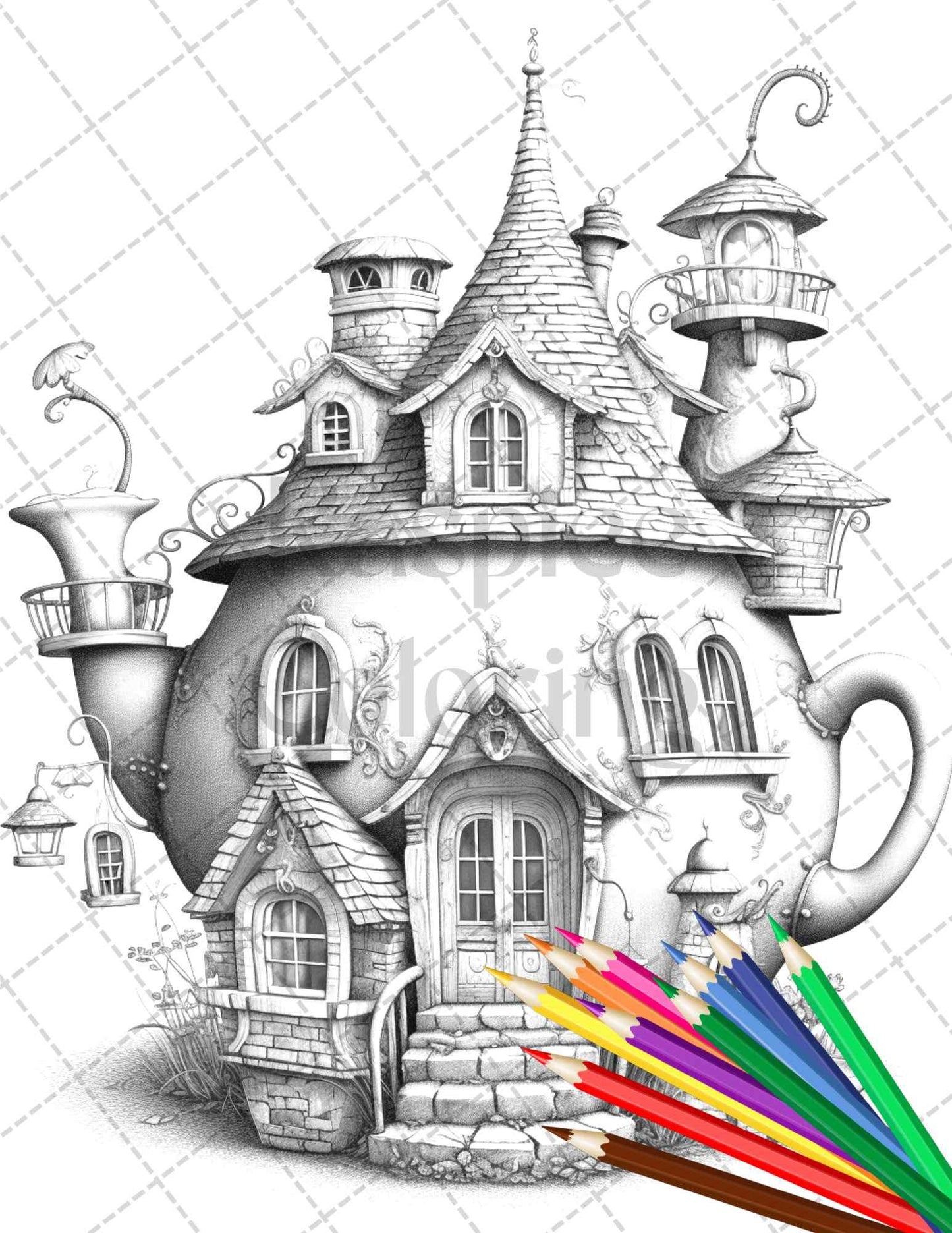 40 Teapot Fairy Houses Grayscale Coloring Pages Printable for Adults, PDF File Instant Download