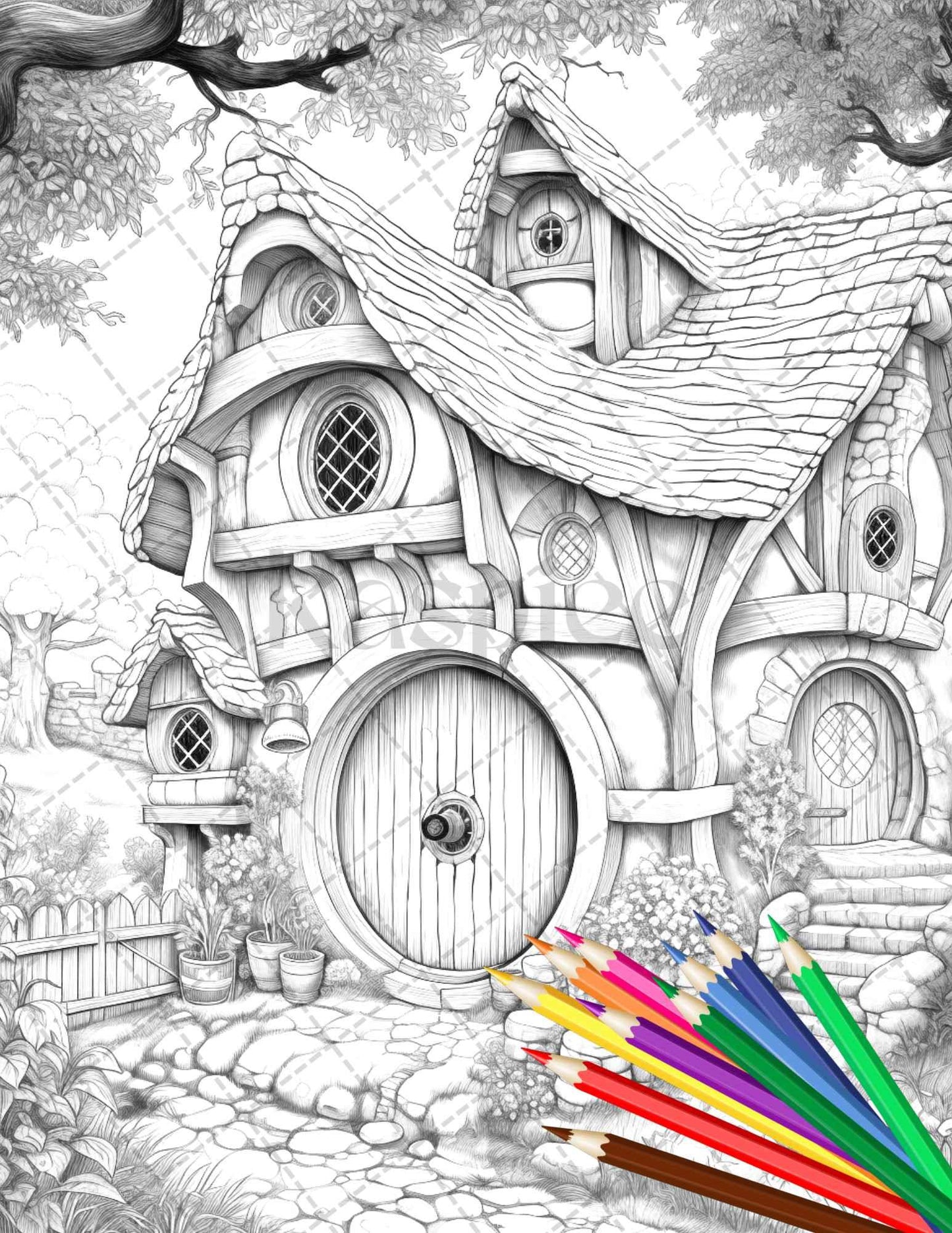 43 Enchanted Hobbiton Houses Grayscale Coloring Pages Printable for Adults, PDF File Instant Download