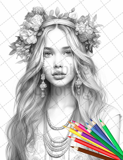 43 Beautiful Hippie Girls Grayscale Coloring Pages Printable for Adults, PDF File Instant Download