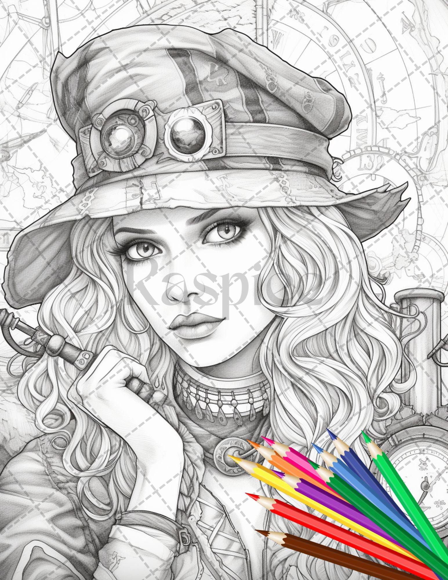 48 Beautiful Pirate Princess Coloring Book Printable for Adults, Grayscale Coloring Page, PDF File Instant Download