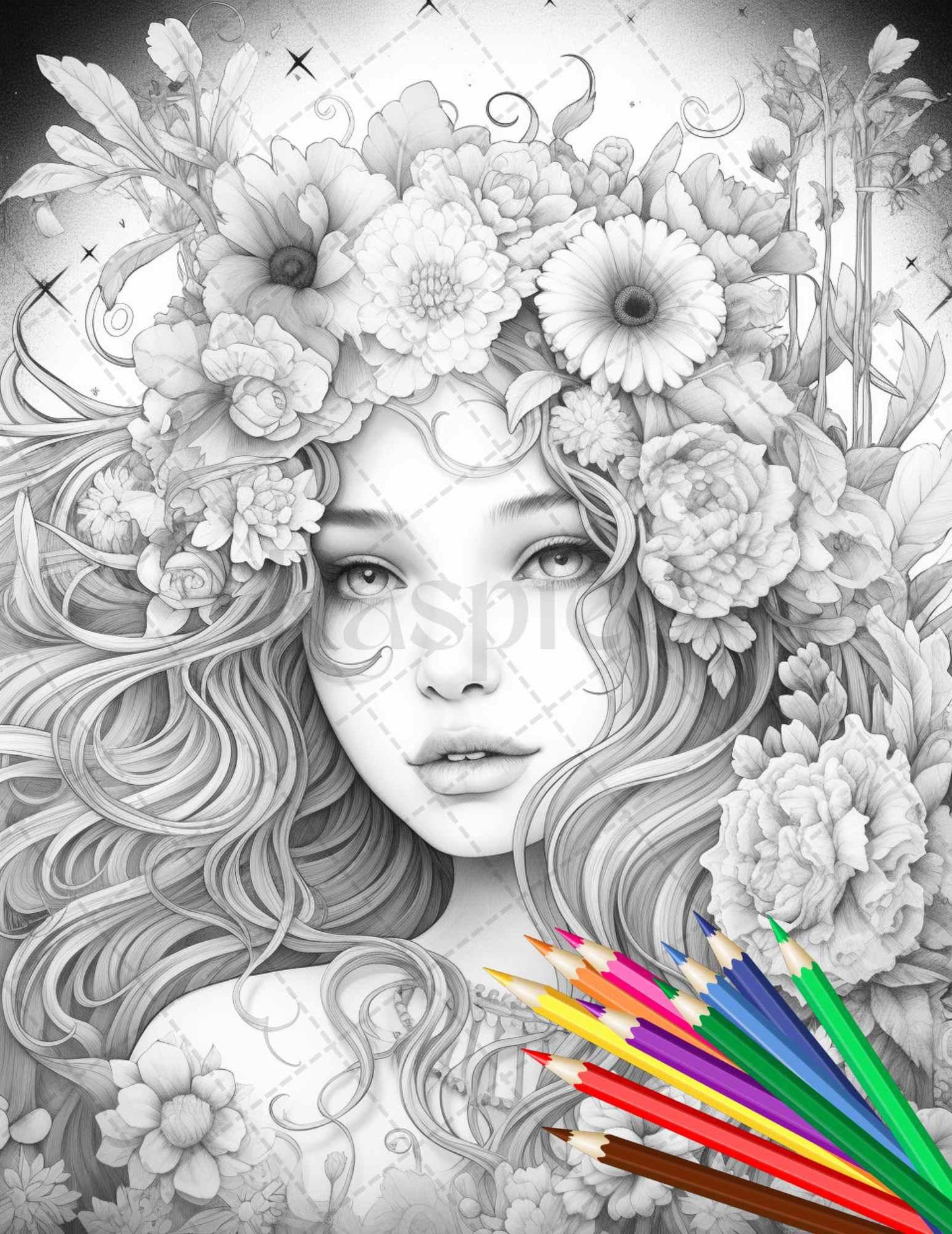 38 Flower Goddess Coloring Pages Printable for Adults, Grayscale Coloring Page, PDF File Instant Download