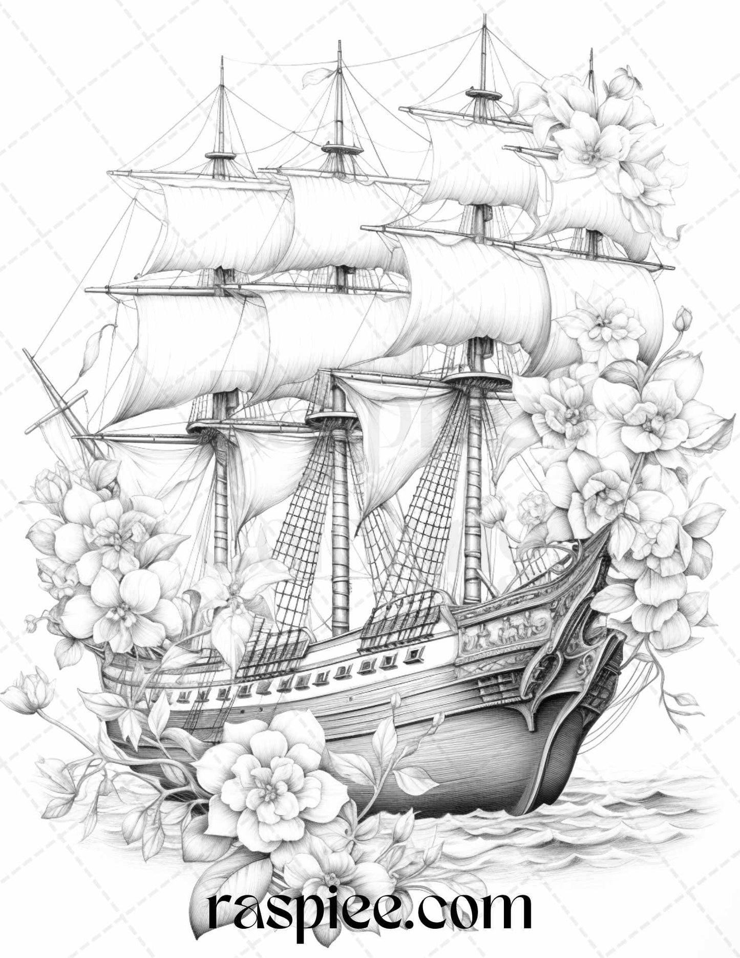 44 Flower Ships Graysale Coloring Pages Printable for Adults, PDF File Instant Download