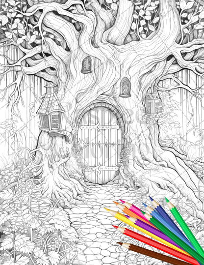 40 Magical Forest Gates Grayscale Coloring Pages Printable for Adults, PDF File Instant Download