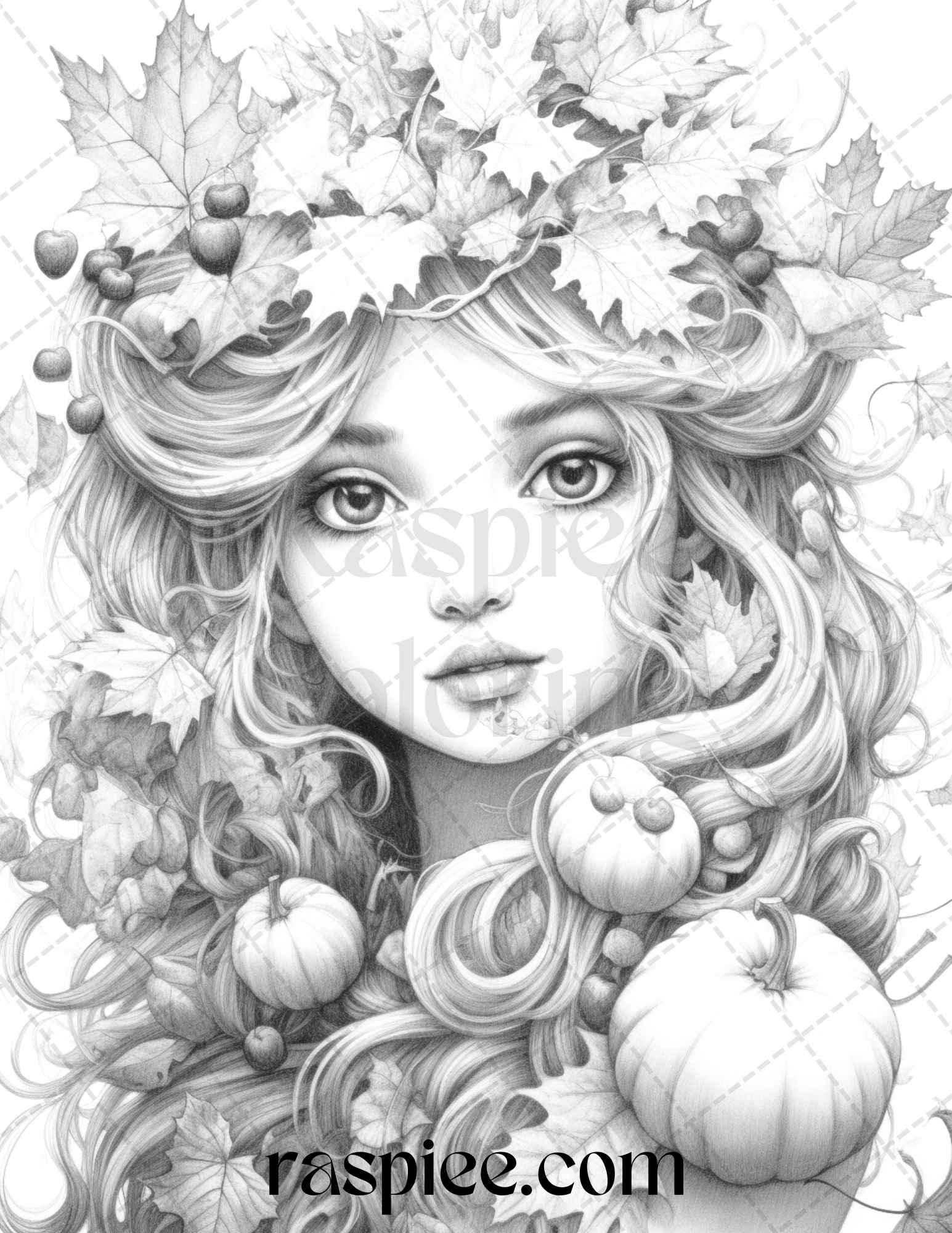 40 Pumpkin Fairy Girls Grayscale Coloring Pages Printable for Adults, PDF File Instant Download