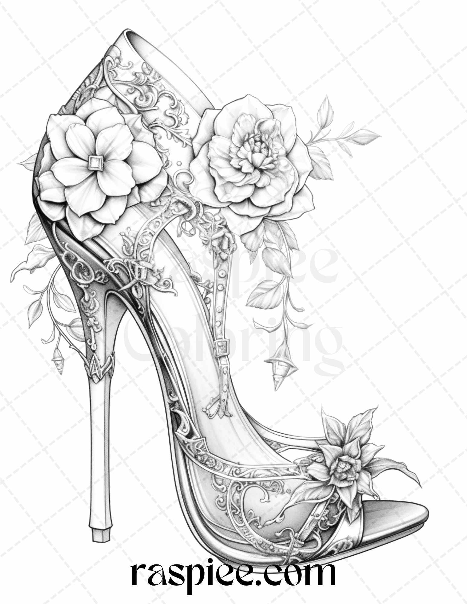 40 Flower Wedding Shoes Grayscale Coloring Pages Printable for Adults, PDF File Instant Download