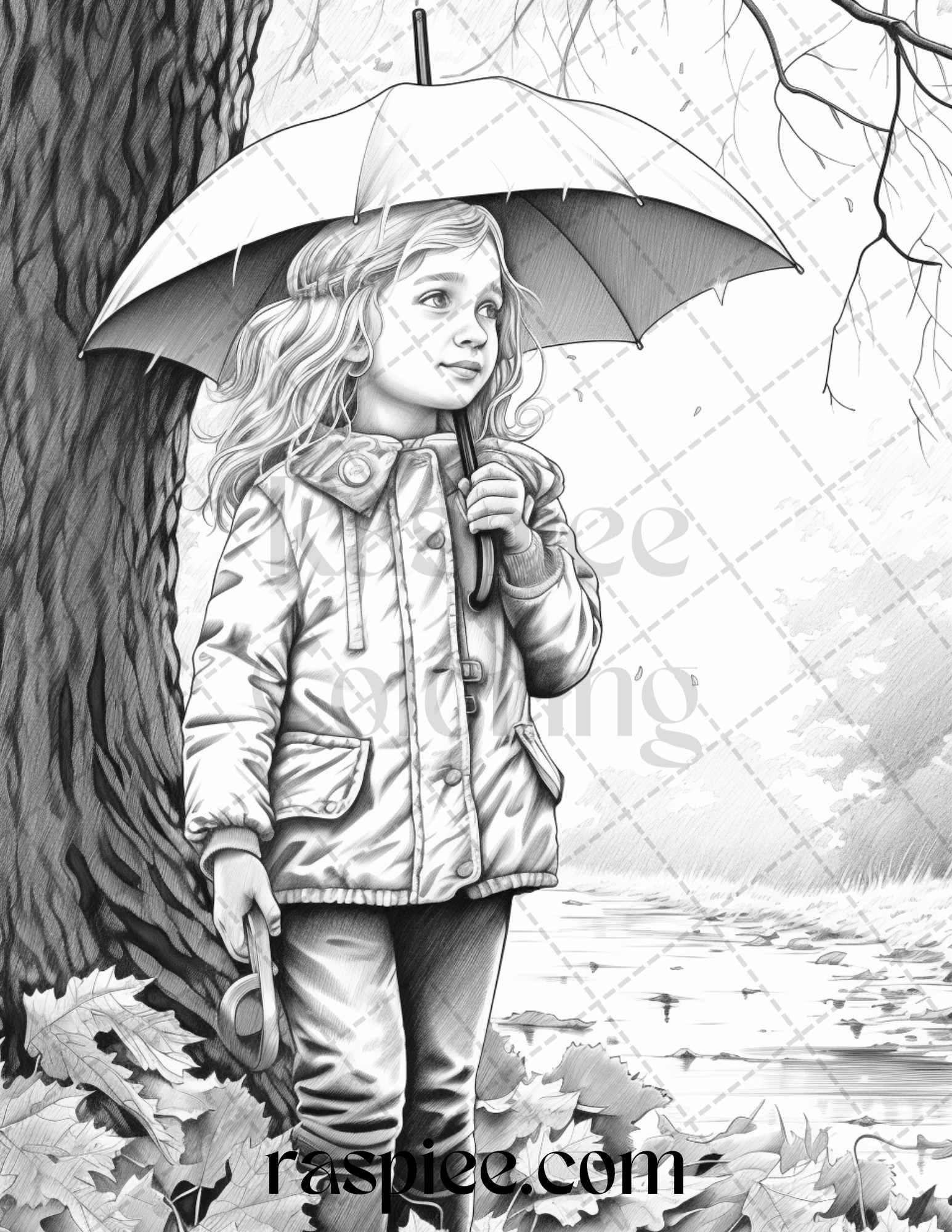 40 Rainy Autumn Day Grayscale Coloring Pages Printable for Adults and Kids, PDF File Instant Download