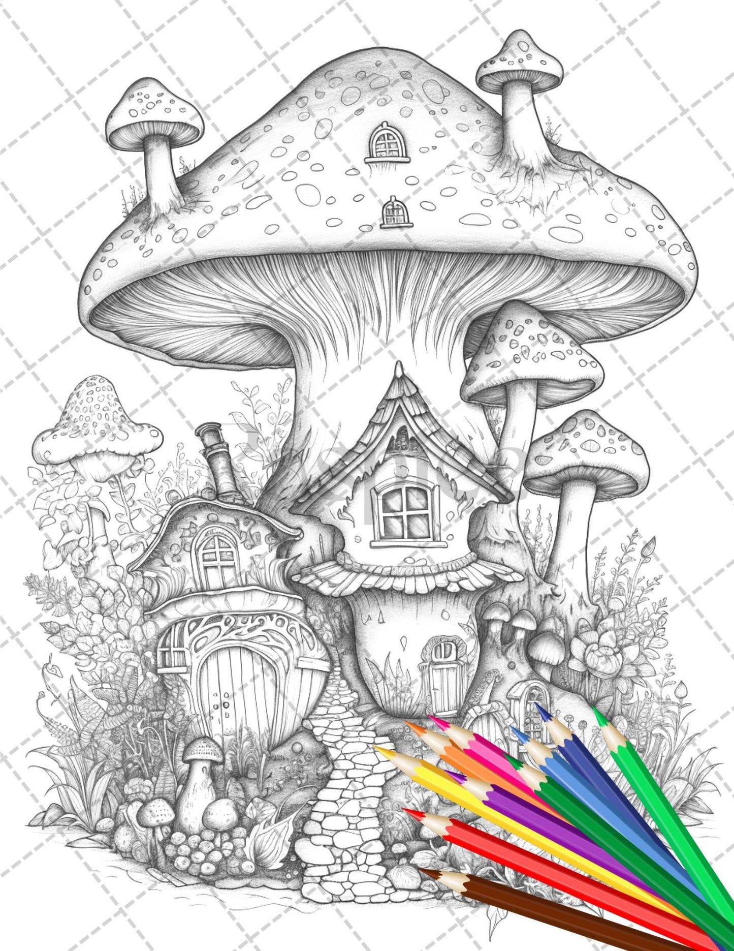 32 Whimsical Mushroom House Coloring Pages for Adults, Grayscale Coloring Book, Printable PDF File Download