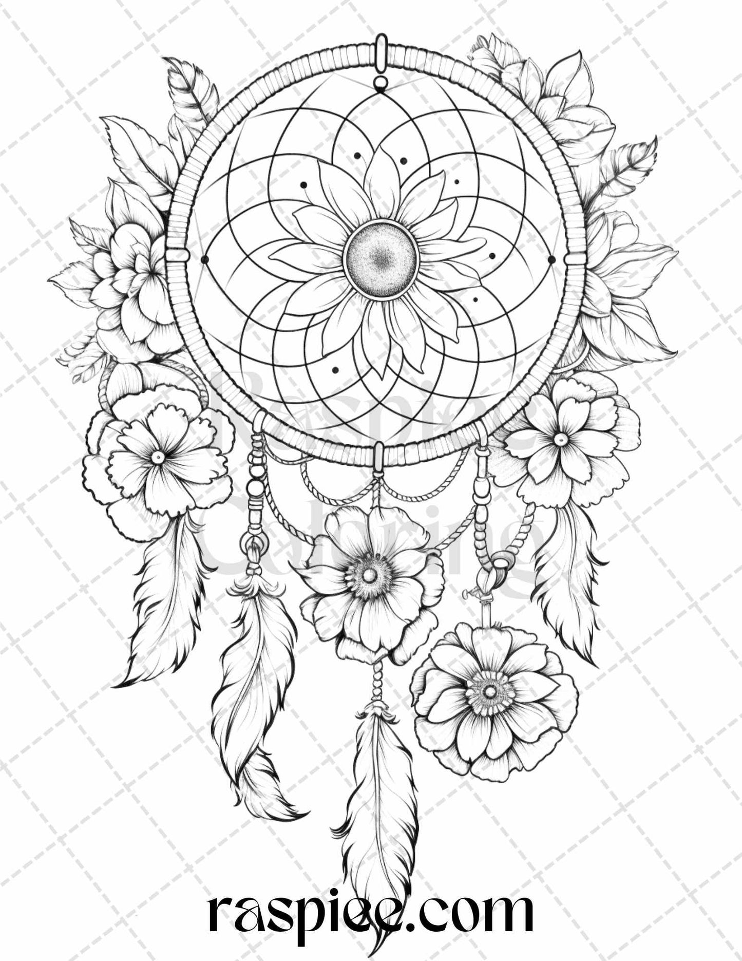 30 Flower Dreamcatcher Grayscale Coloring Pages Printable for Adults, PDF File Instant Download