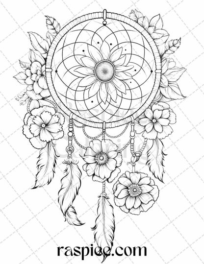 30 Flower Dreamcatcher Grayscale Coloring Pages Printable for Adults, PDF File Instant Download