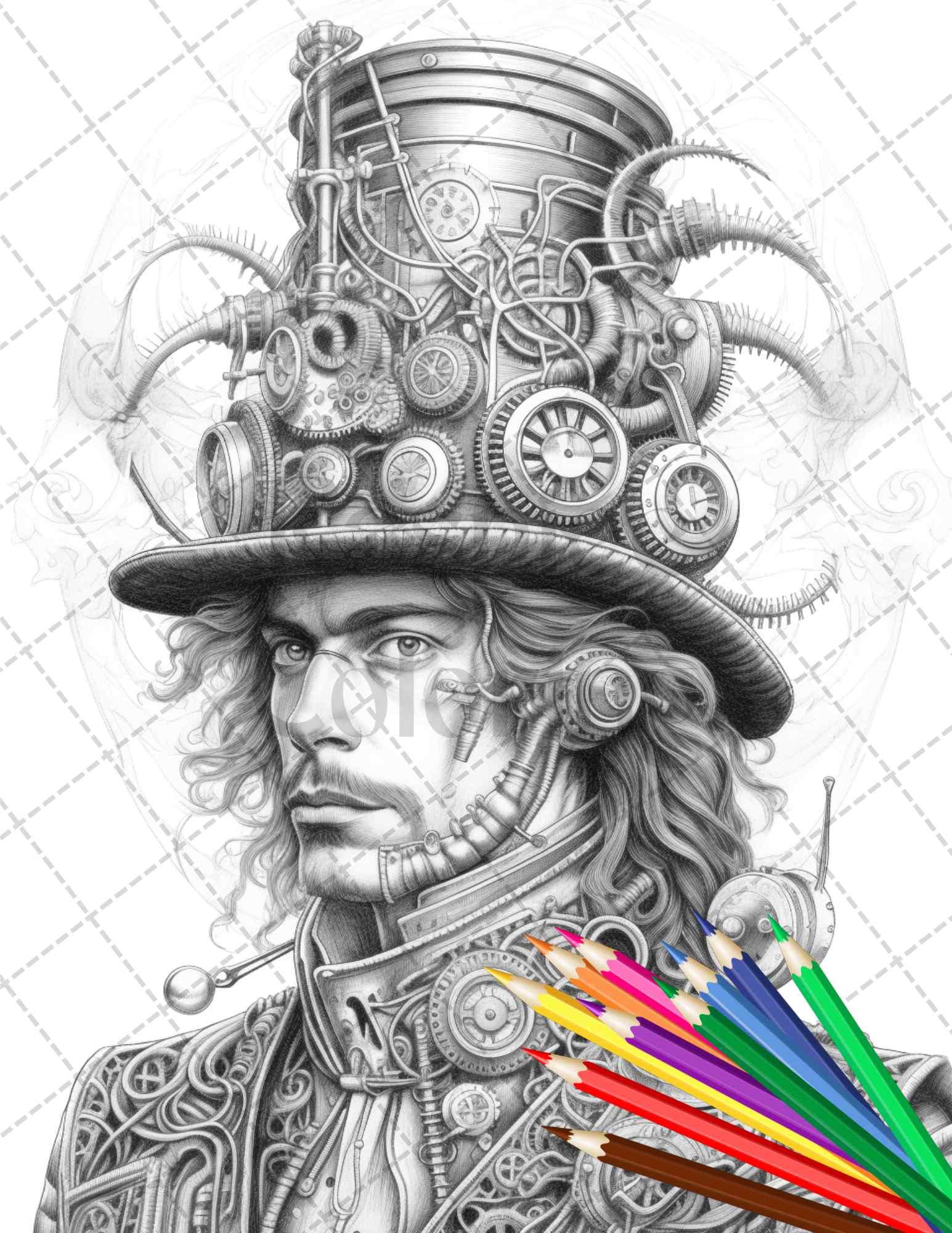 42 Steampunk Mens Grayscale Coloring Pages Printable for Adults, PDF File Instant Download