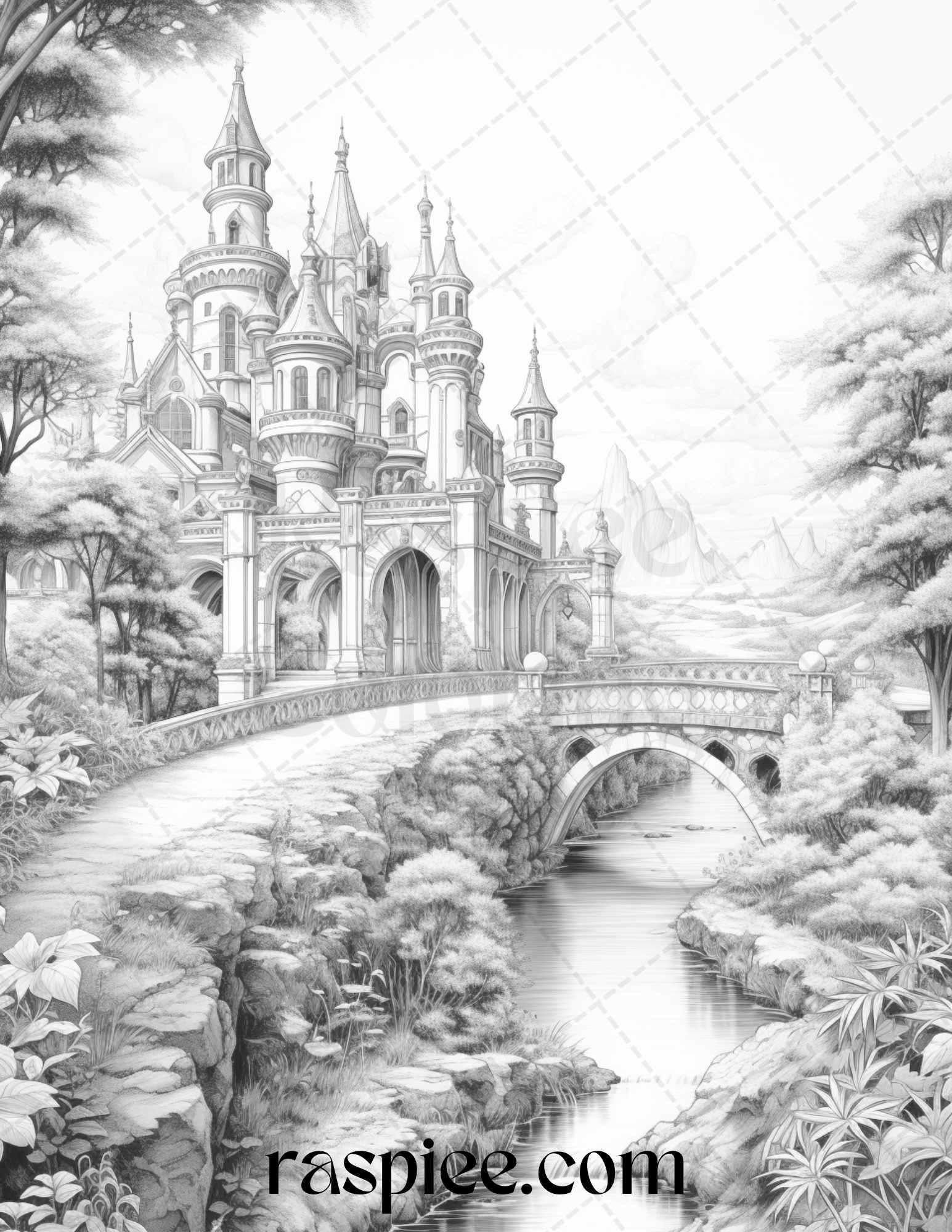 40 Fantasy Landscapes Grayscale Coloring Pages Printable for Adults, PDF File Instant Download