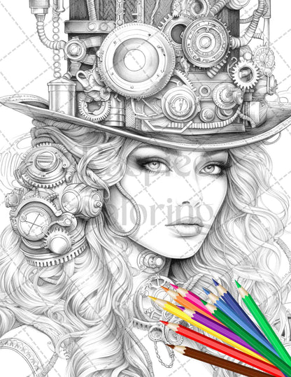 40 Steampunk Ladies Grayscale Coloring Pages Printable for Adults, PDF File Instant Download