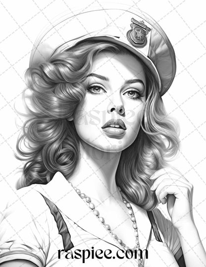 40 Sailor Pin Up Girls Grayscale Coloring Pages Printable for Adults, PDF File Instant Download