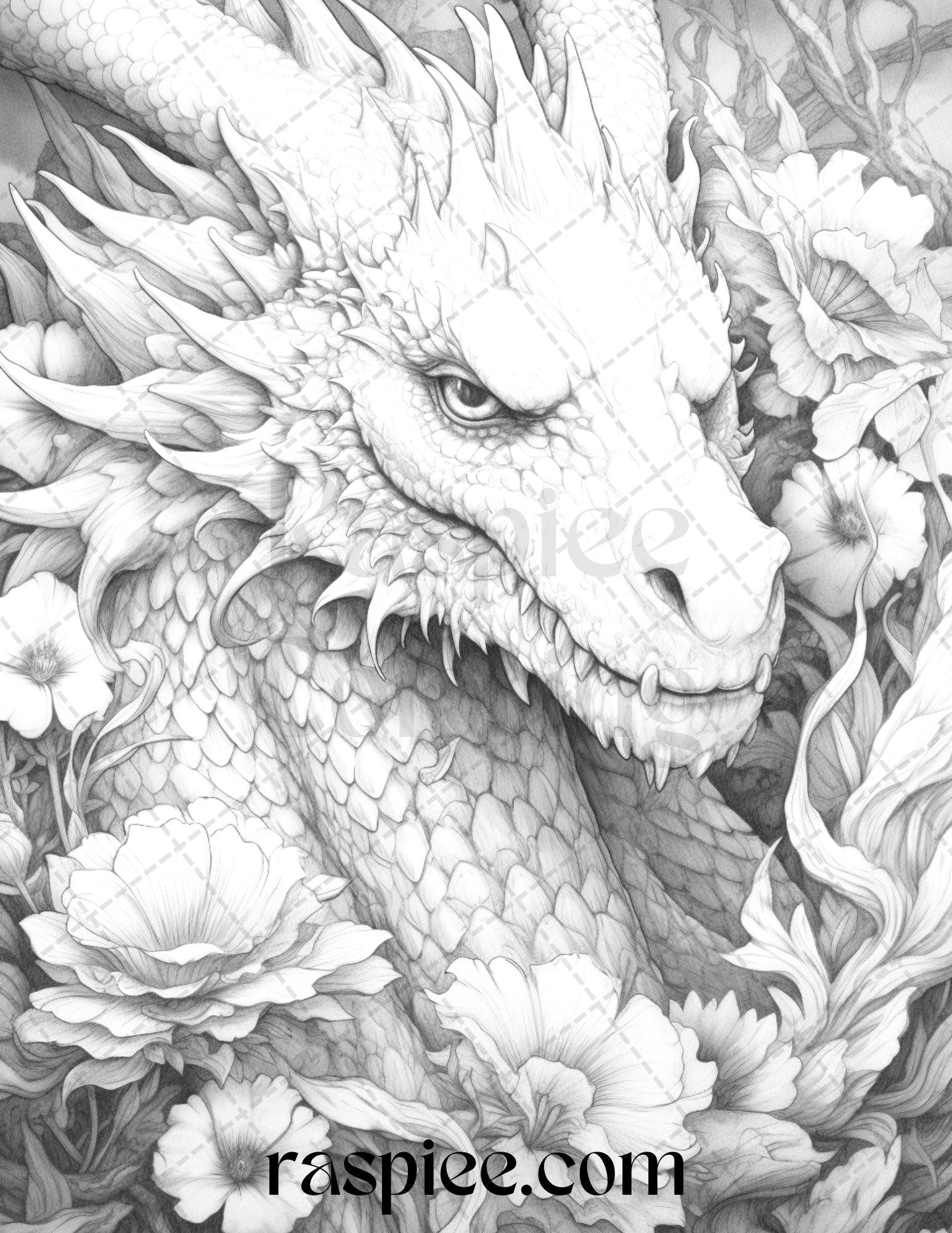 40 Flower Dragon Grayscale Coloring Pages Printable for Adults, PDF File Instant Download