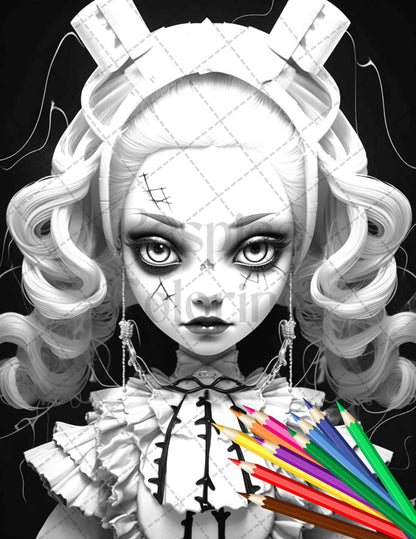 40 Creepy Porcelain Dolls Grayscale Coloring Pages for Adults, PDF File Instant Download