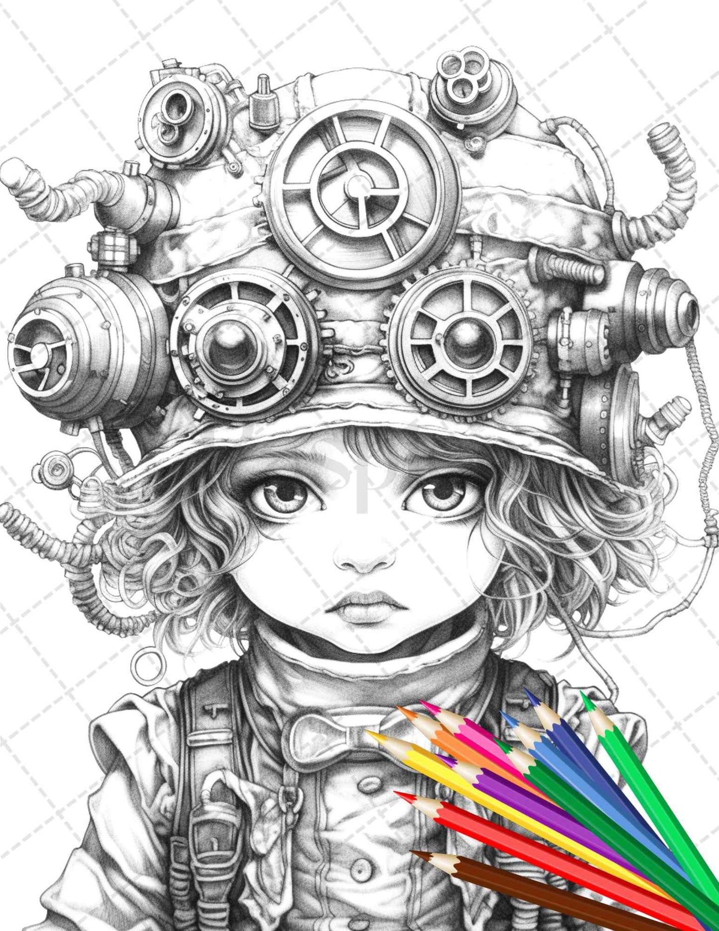 31 Adorable Steampunk Girls Coloring Pages Printable for Adults, Grayscale Coloring Page, PDF File Instant Download