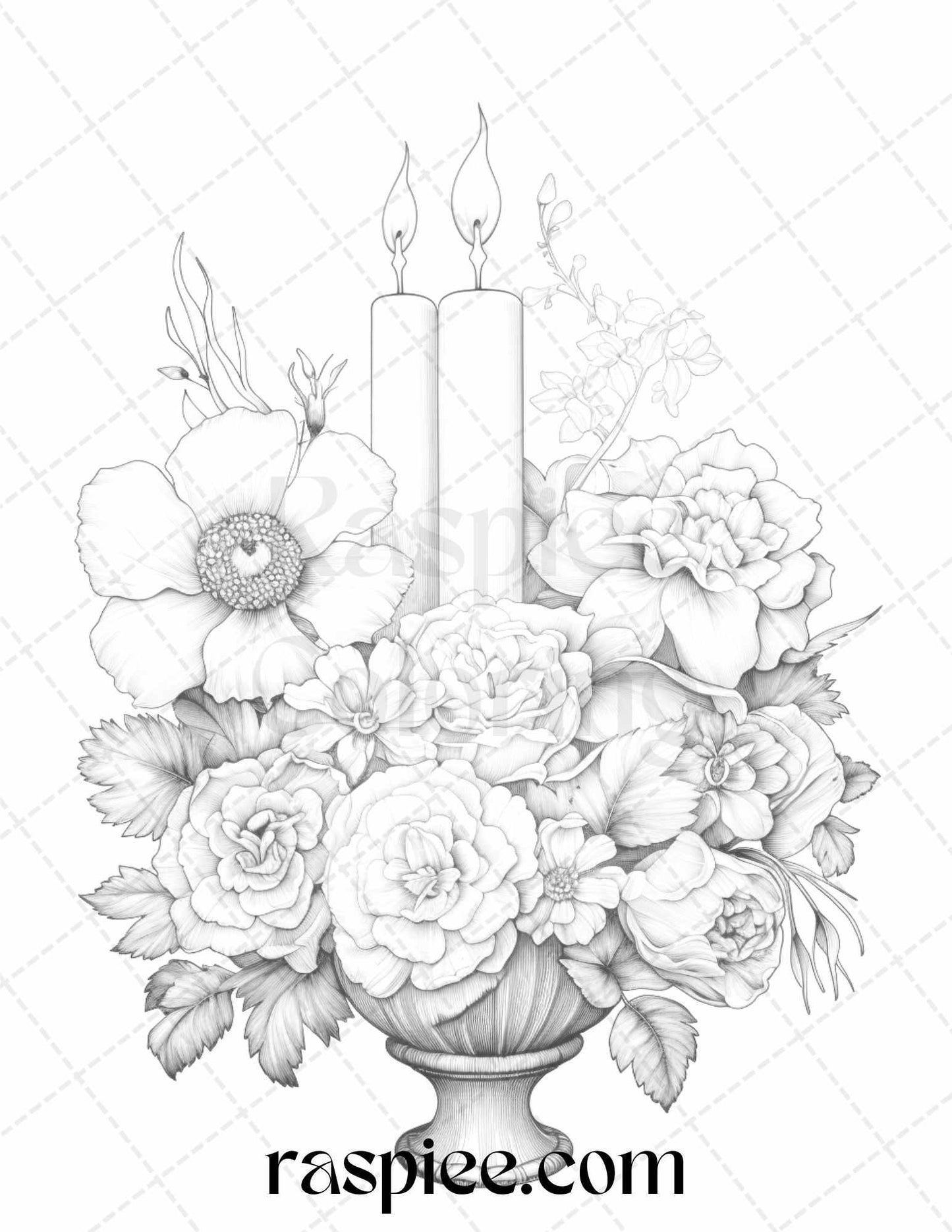 40 Flower Candles Grayscale Coloring Pages Printable for Adults, PDF File Instant Download