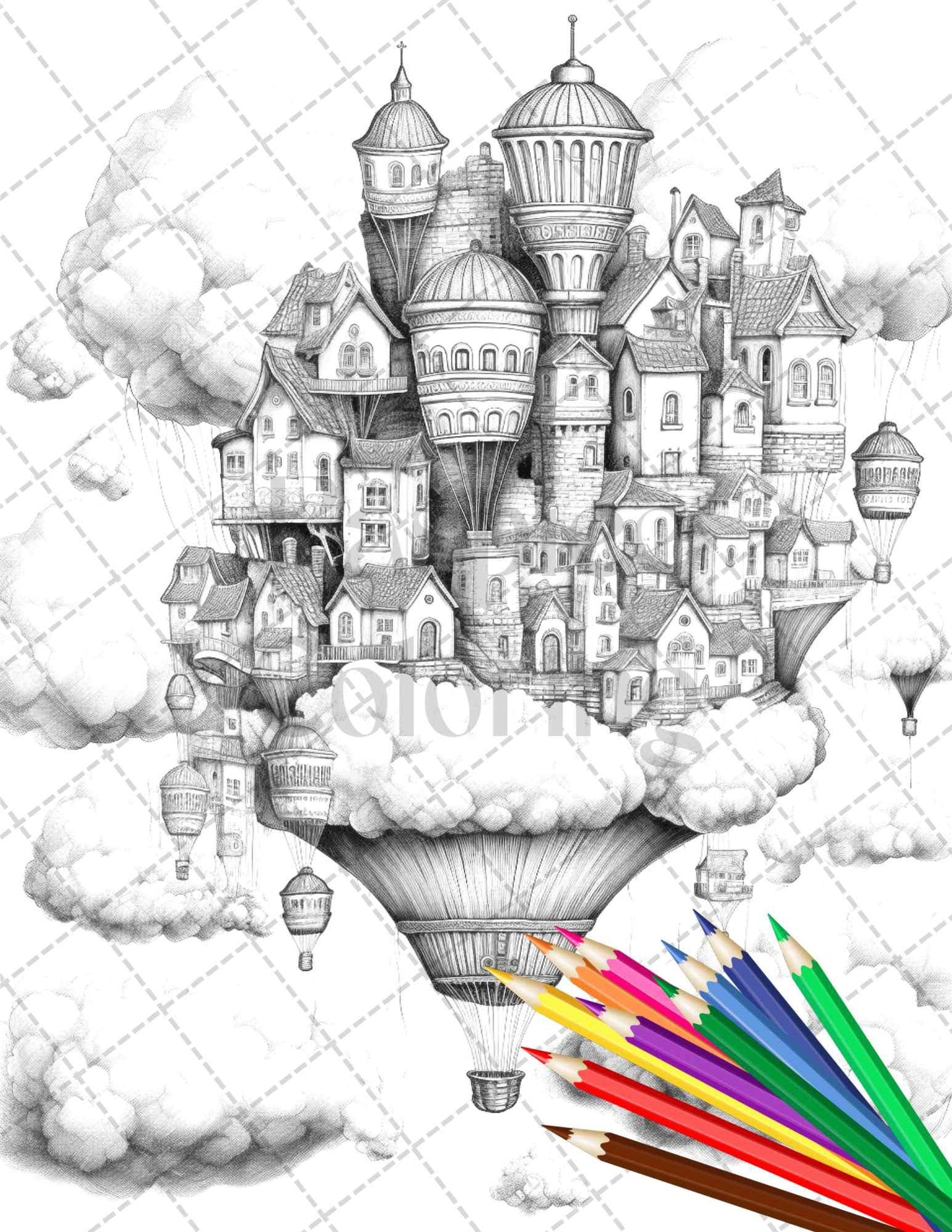 40 Fantasy Sky Houses Grayscale Coloring Pages Printable for Adults, PDF File Instant Download