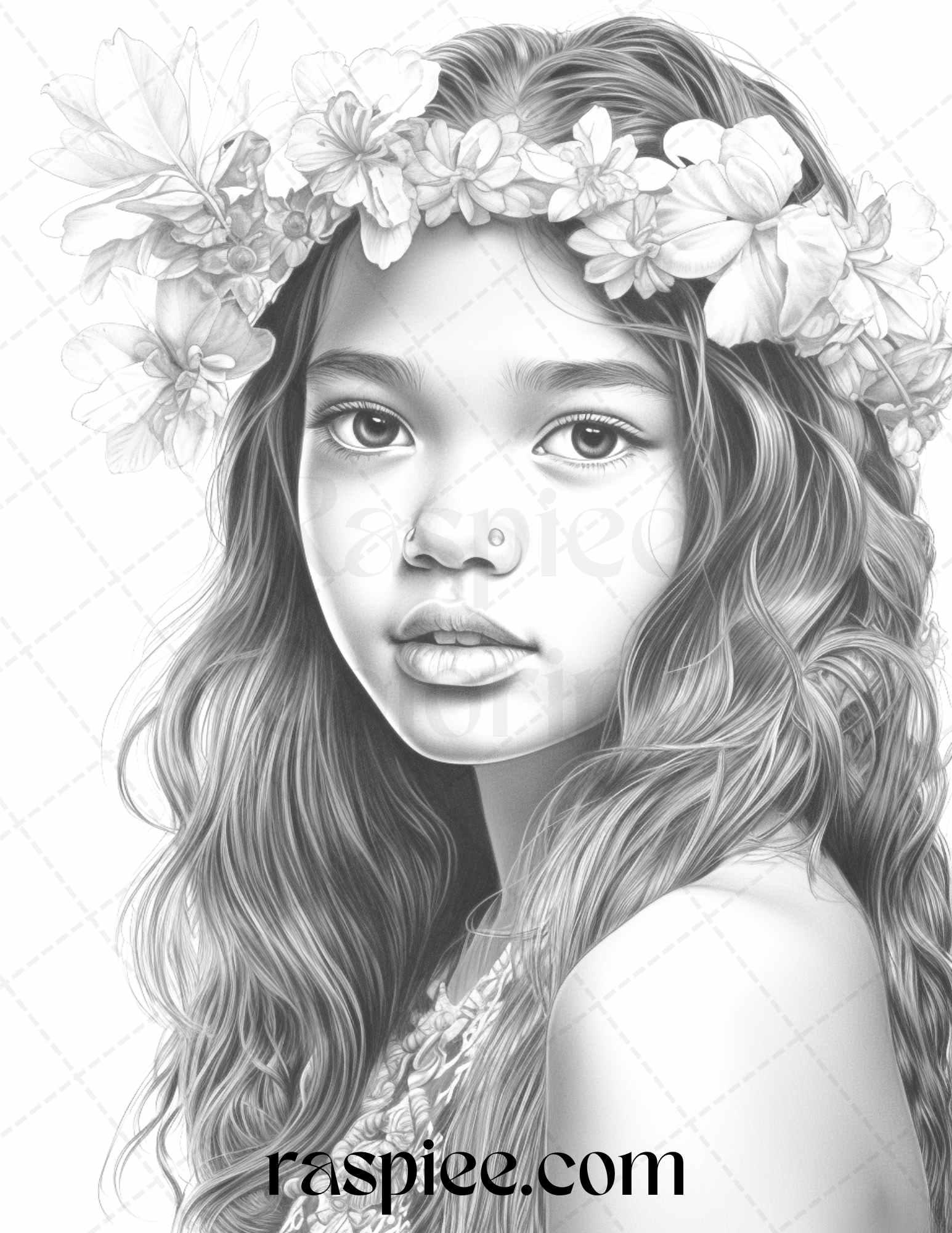 40 Hawaiian Girls Grayscale Coloring Pages Printable for Adults, PDF File Instant Download