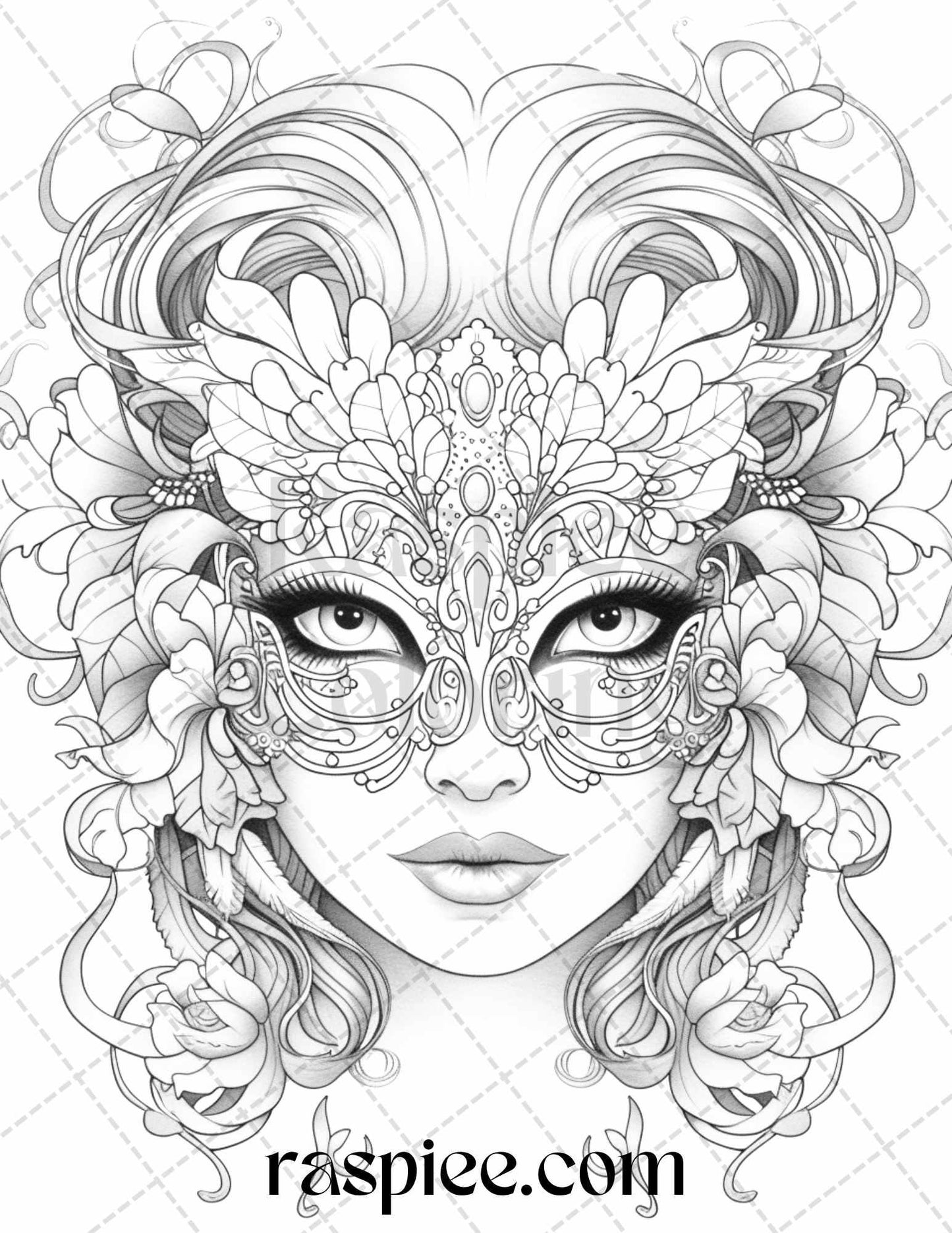 40 Masquerade Masks Grayscale Coloring Pages Printable for Adults, PDF File Instant Download