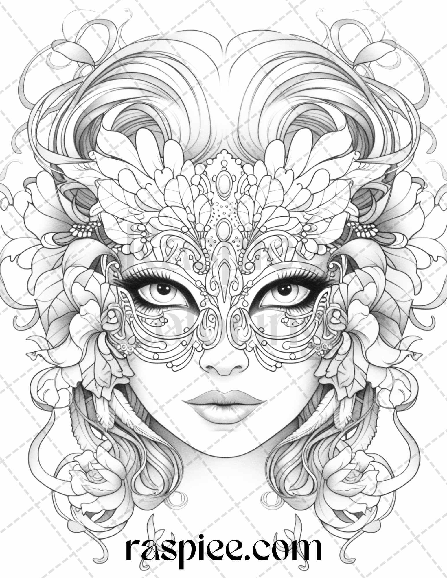 40 Masquerade Masks Grayscale Coloring Pages Printable for Adults, PDF File Instant Download