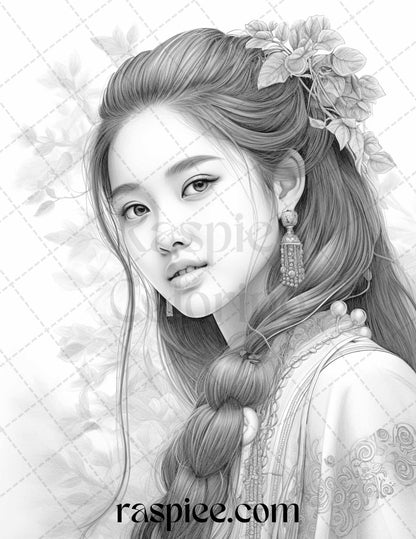 40 Beautiful Chinese Girls Grayscale Coloring Pages for Adults, Printable PDF File Instant Download