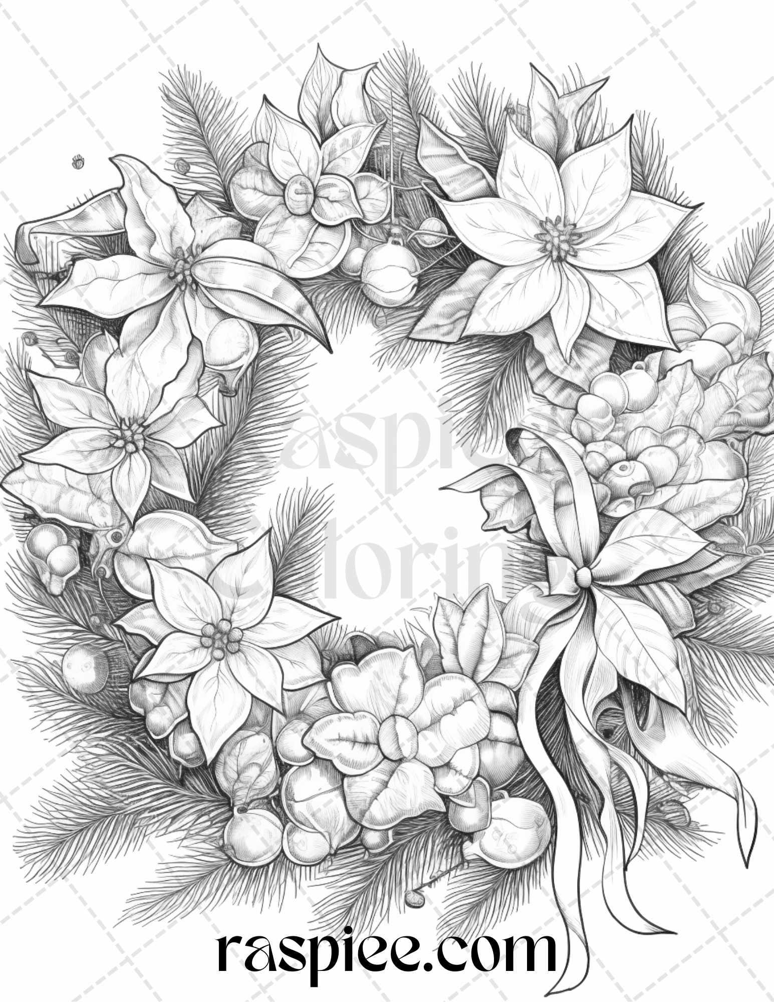 40 Christmas Wreath Grayscale Coloring Pages Printable for Adults, PDF File Instant Download