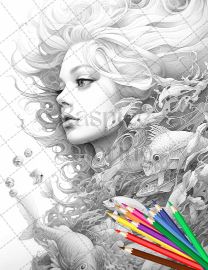 40 Enchanted Mermaid Grayscale Coloring Pages Printable for Adults, PDF File Instant Download