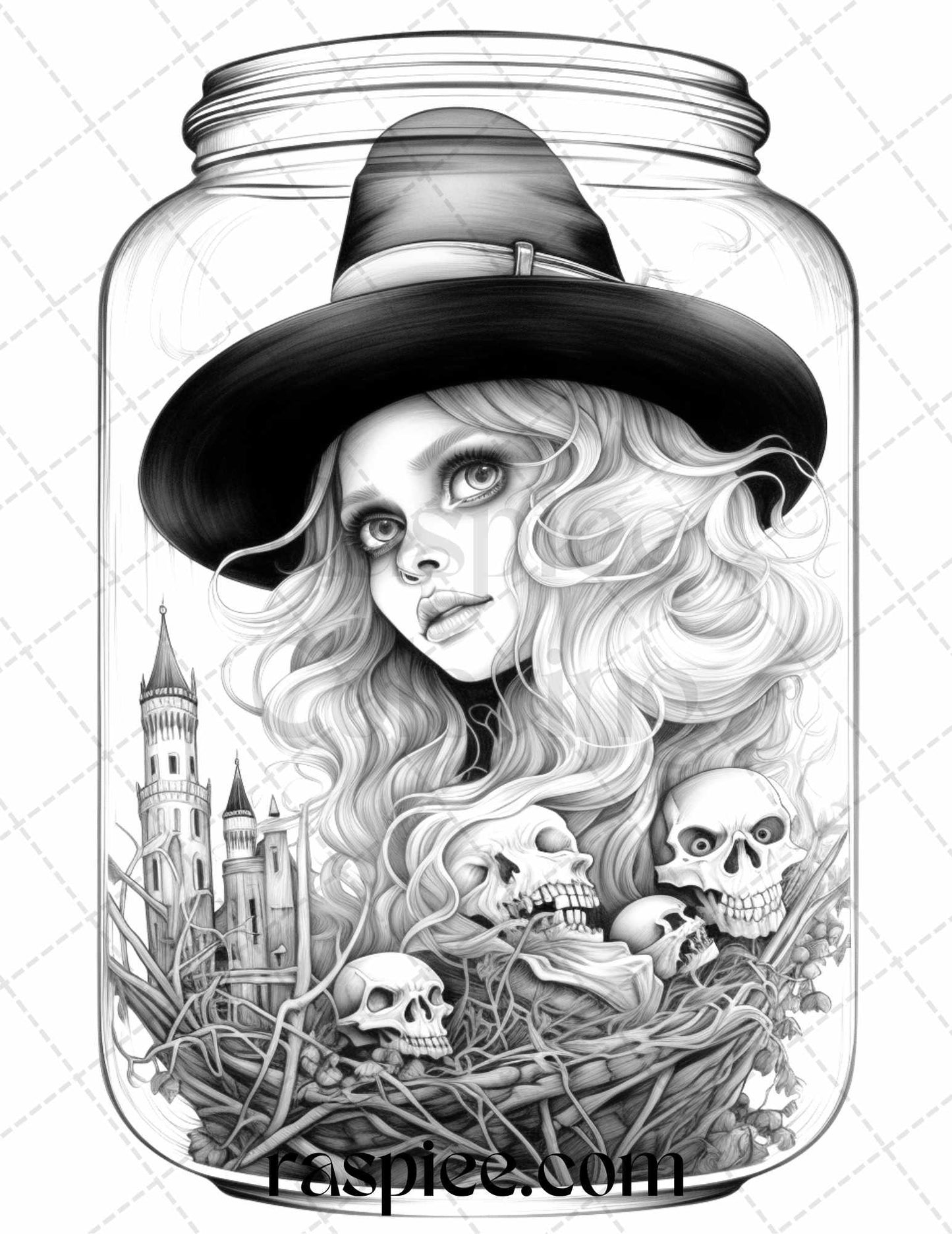 40 Halloween in Jar Grayscale Coloring Pages for Adults, Printable PDF File Instant Download