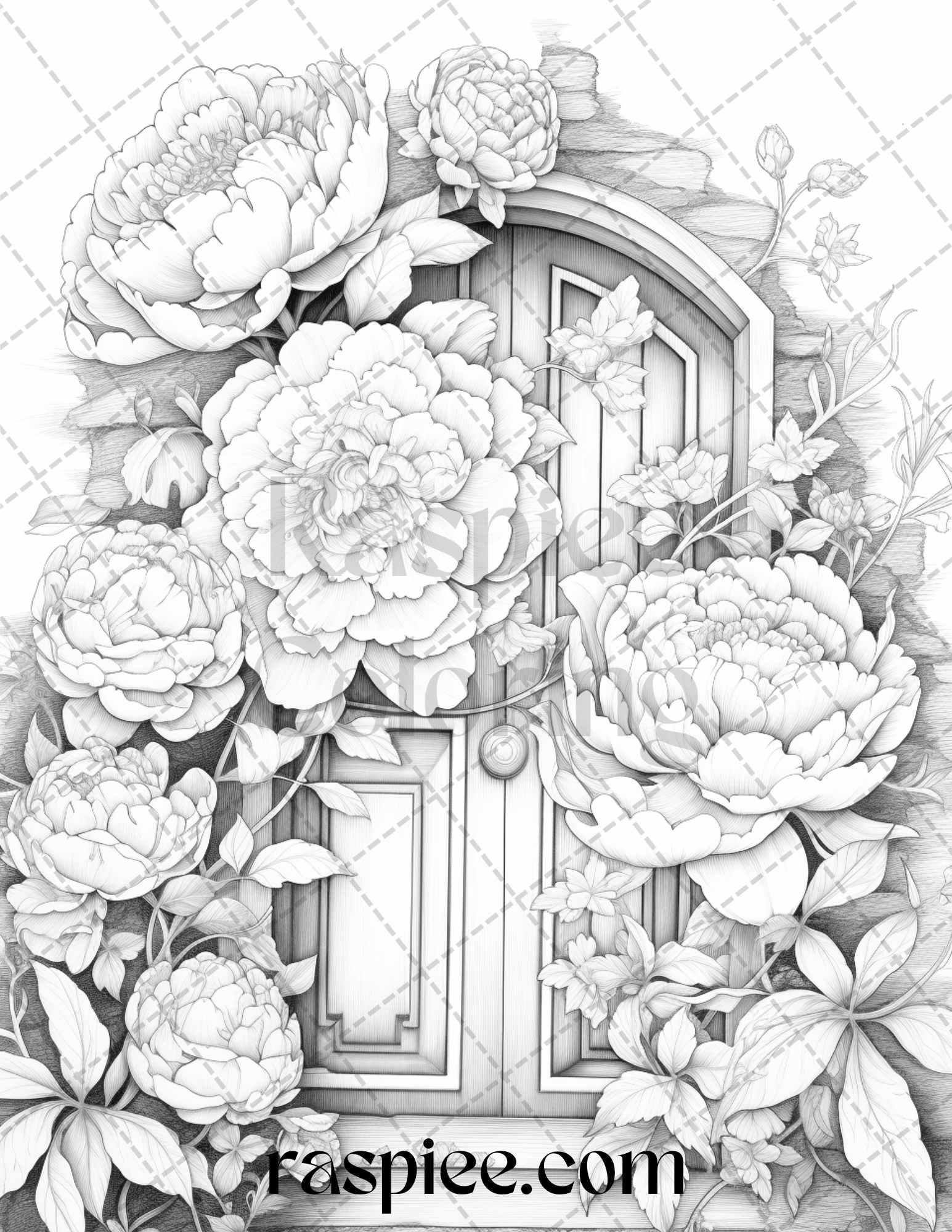 40 Flower Fairy Doors Grayscale Coloring Pages Printable for Adults, PDF File Instant Download