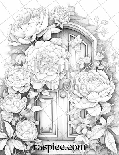 40 Flower Fairy Doors Grayscale Coloring Pages Printable for Adults, PDF File Instant Download