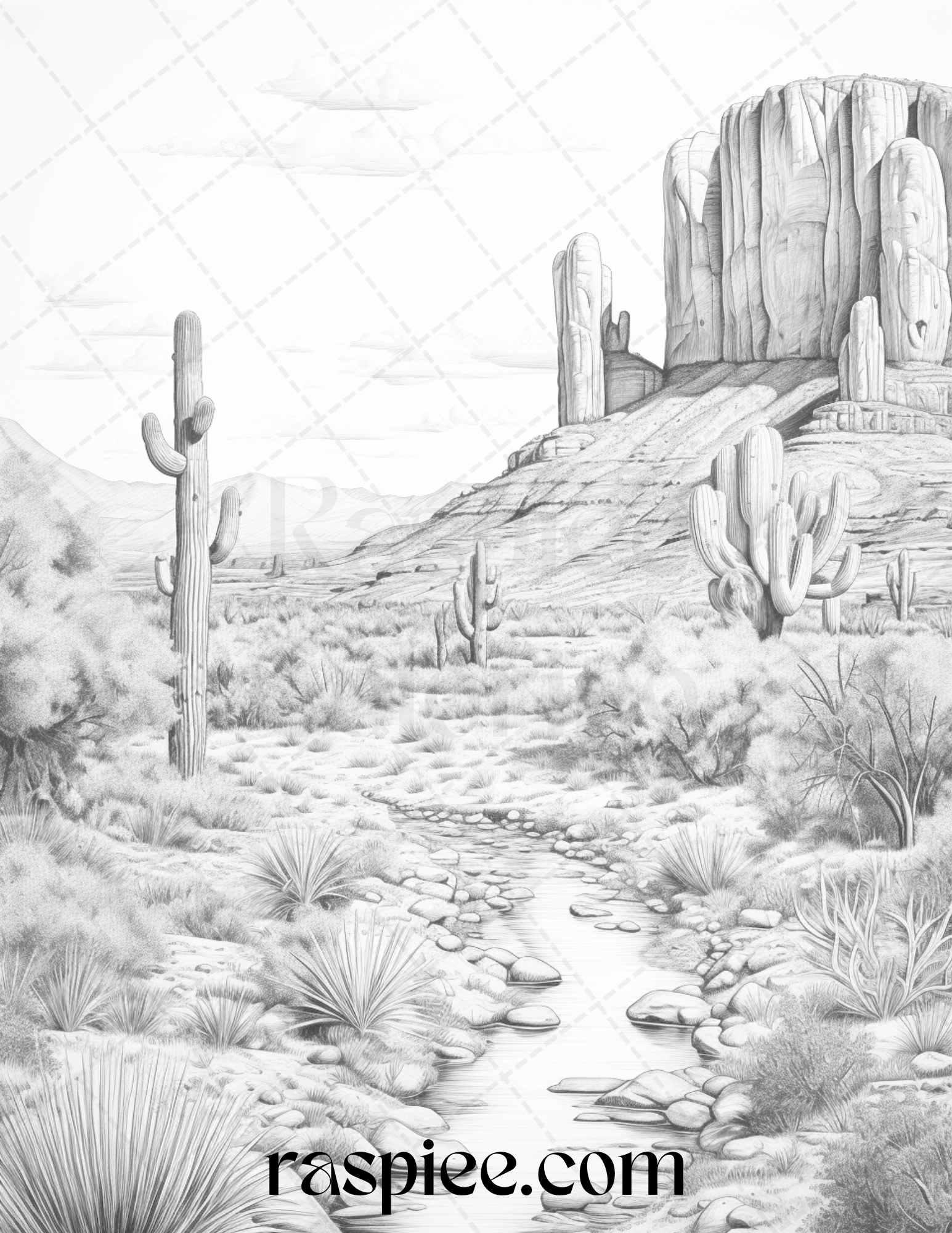 40 Desert Landscapes Grayscale Coloring Pages Printable for Adults, PDF File Instant Download