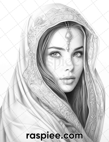 42 Arabian Woman Portrait Gayscale Coloring Pages for Adults, Printable PDF Instant Download