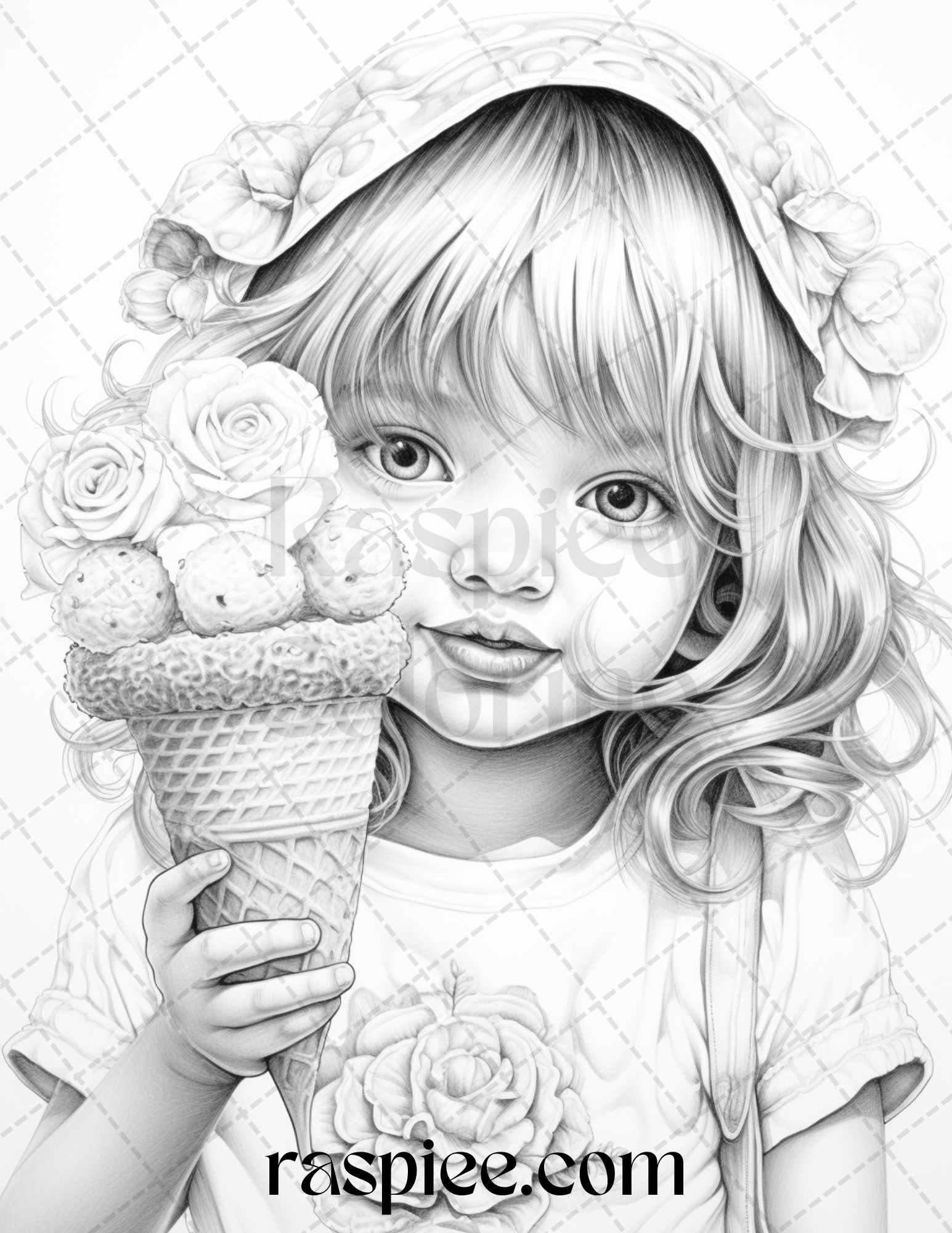 42 Adorable Girls with Ice Cream Grayscale Coloring Pages Printable for Adults Kids, PDF File Instant Download