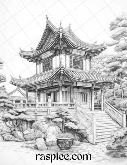 40 Traditional Chinese Houses Grayscale Coloring Pages Printable for Adults, PDF File Instant Download