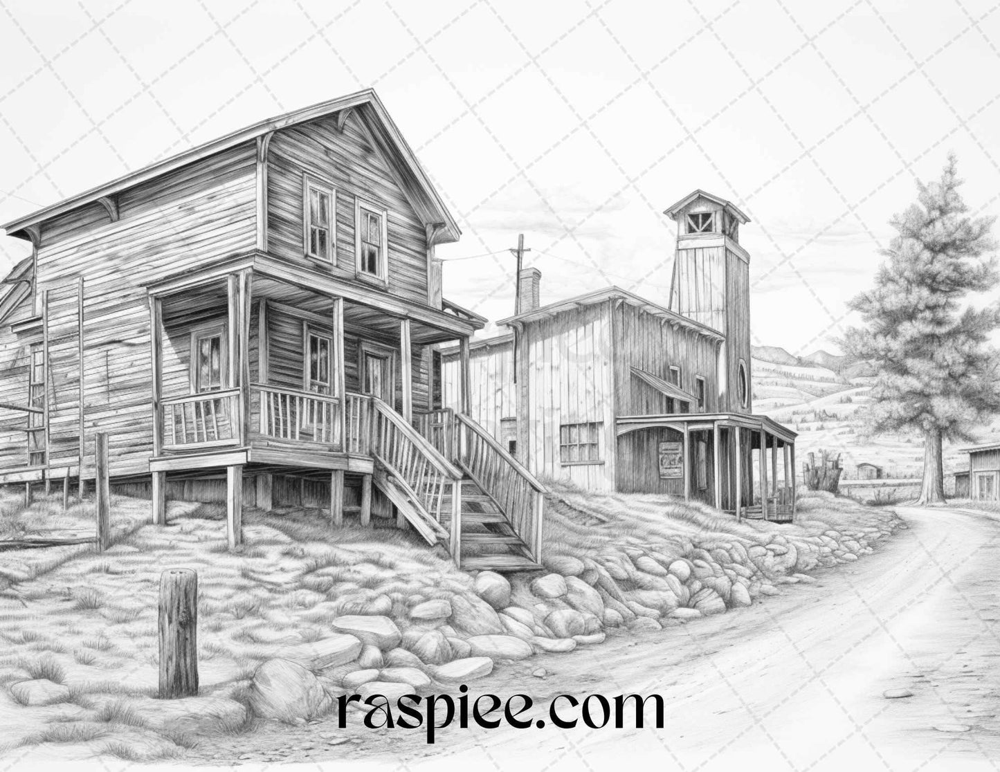 40 Wild West Towns Grayscale Coloring Pages Printable for Adults, PDF File Instant Download