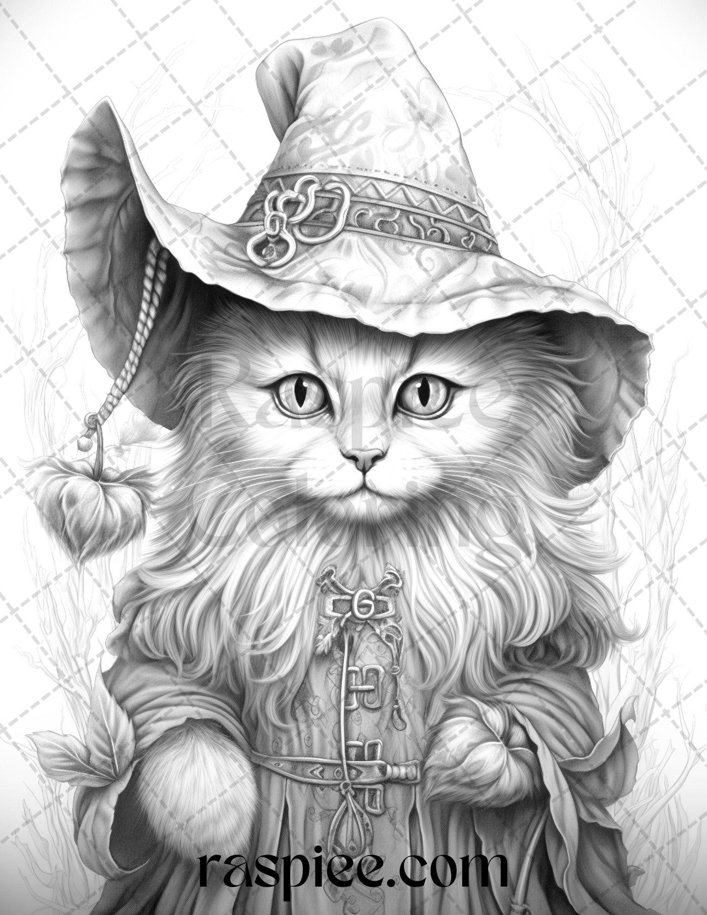 40 Halloween Witch Cat Grayscale Coloring Pages Printable for Adults, PDF File Instant Download