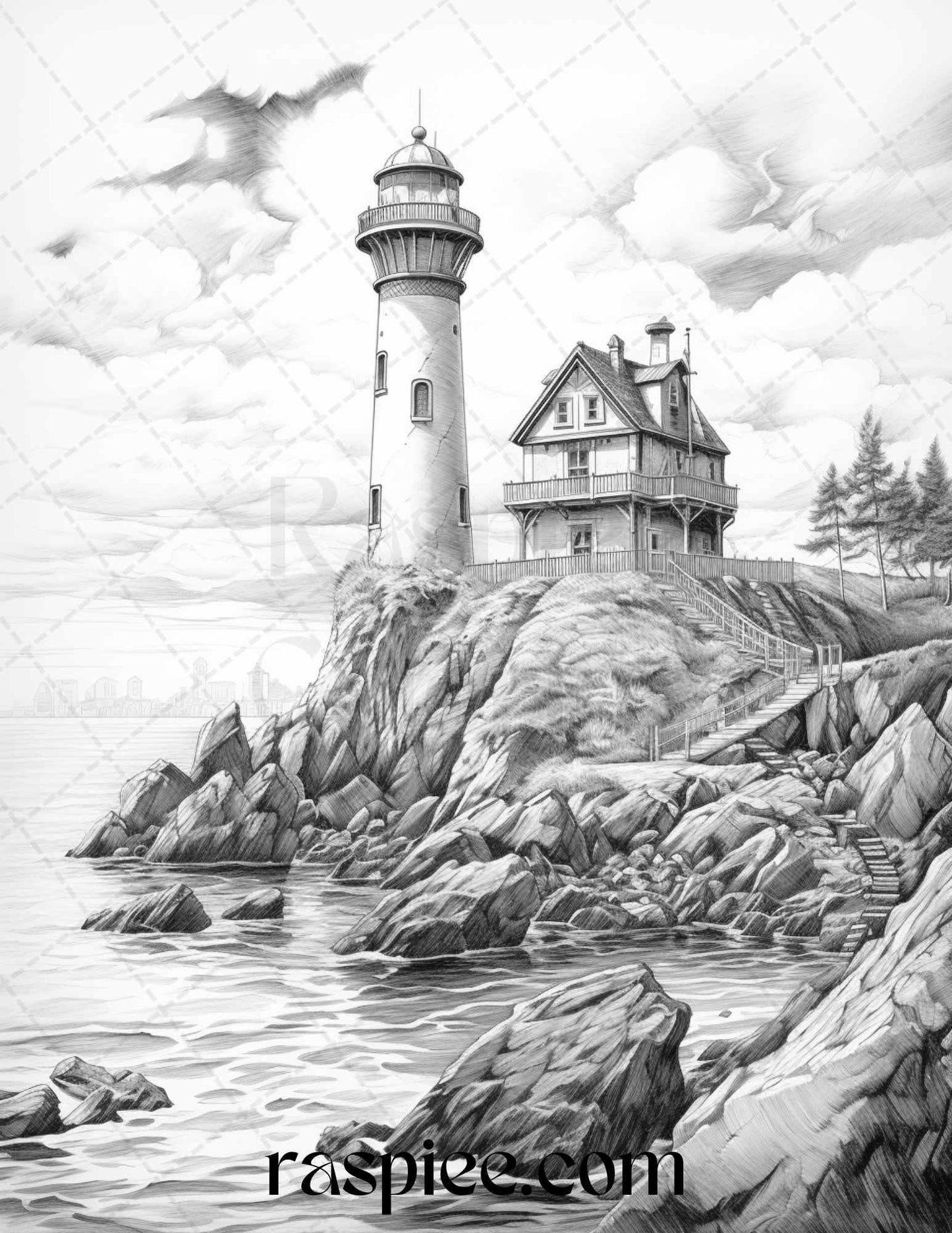 40 Majestic Lighthouses Grayscale Coloring Pages Printable for Adults, PDF File Instant Download