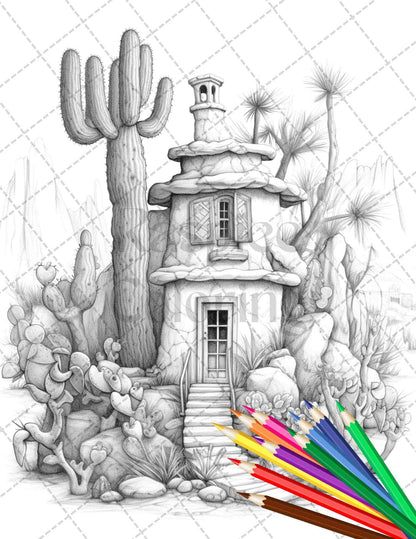 46 Fantasy Cactus Houses Grayscale Coloring Pages Printable for Adults, PDF File Instant Download