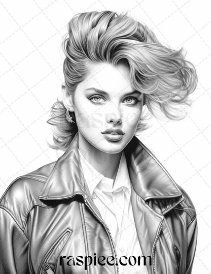 1980s Retro Beautiful Women Grayscale Coloring Pages for Adults, PDF File Instant Download