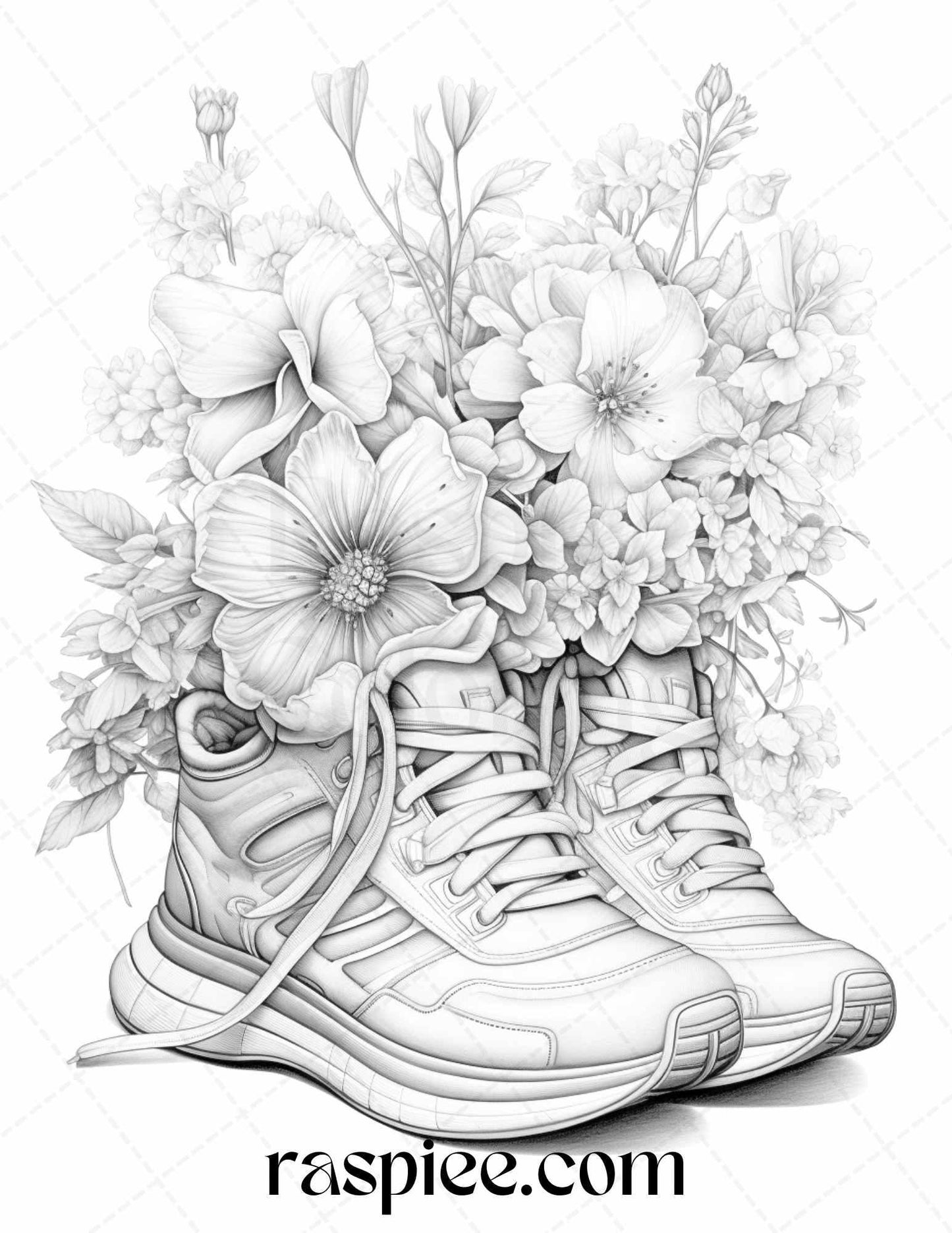 40 Flower Sneakers Grayscale Coloring Pages Printable for Adults, PDF File Instant Download