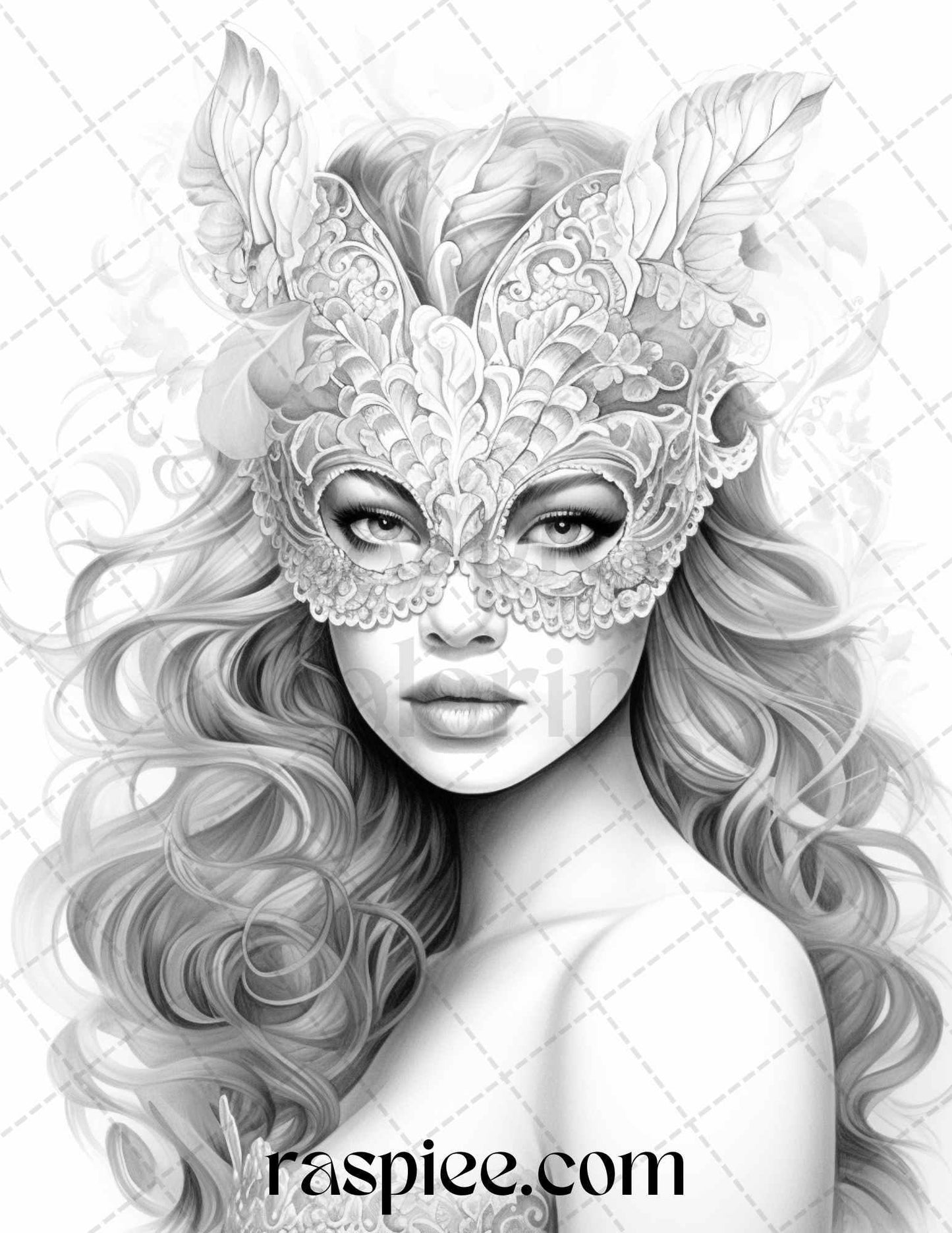 40 Masquerade Girls Grayscale Coloring Pages Printable for Adults, PDF File Instant Download