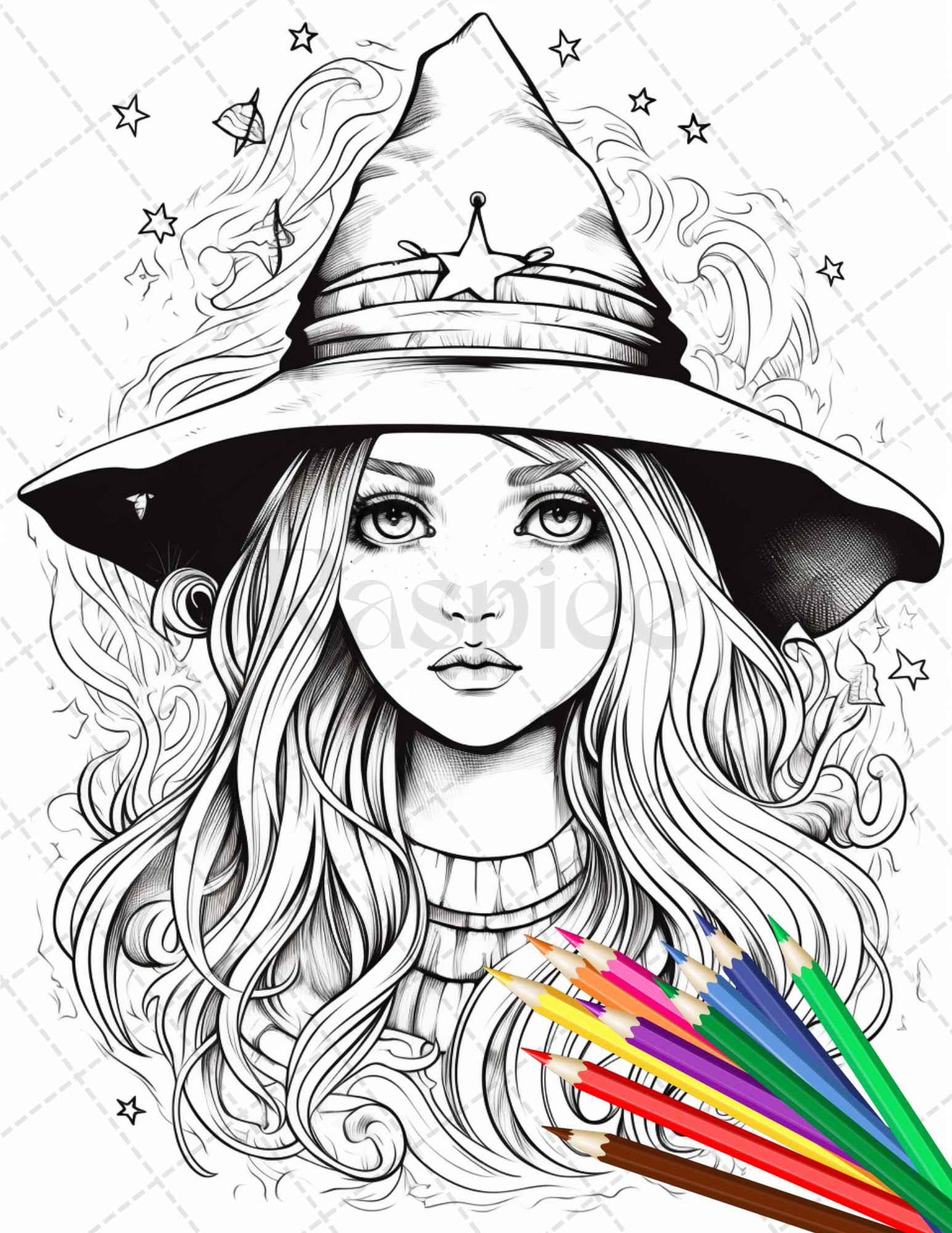 40 Cute Witches Coloring Pages Printable for Adults, Grayscale Coloring Page, PDF File Instant Download