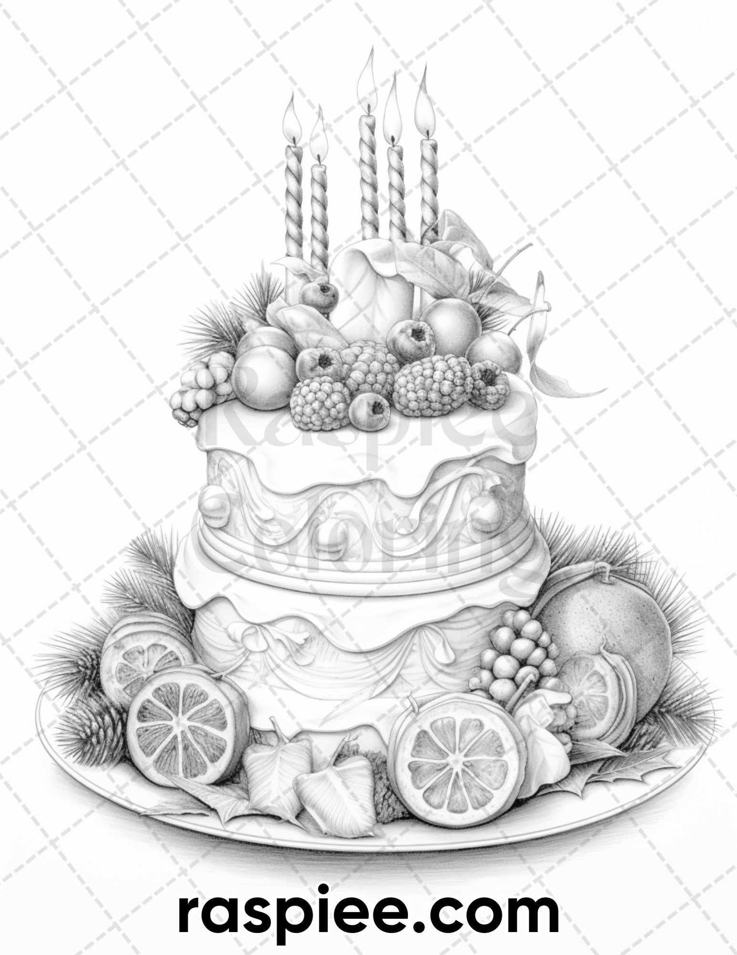 45 Christmas Cakes Grayscale Coloring Pages for Adults, Printable PDF File Instant Download