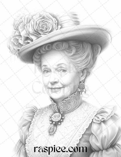 50 Victorian Grandma Grayscale Coloring Pages Printable for Adults, PDF File Instant Download