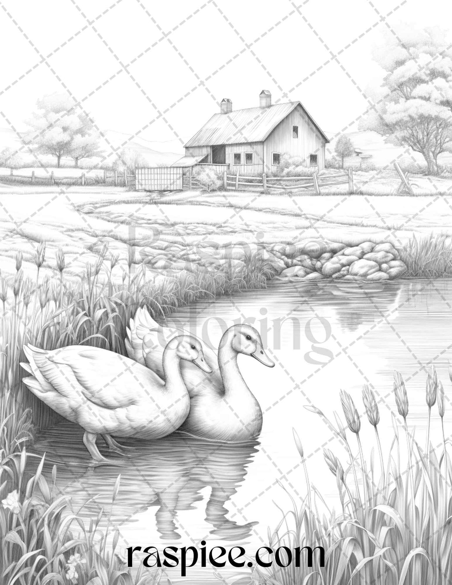 40 Farmstead Serenity Grayscale Coloring Pages Printable for Adults, PDF File Instant Download